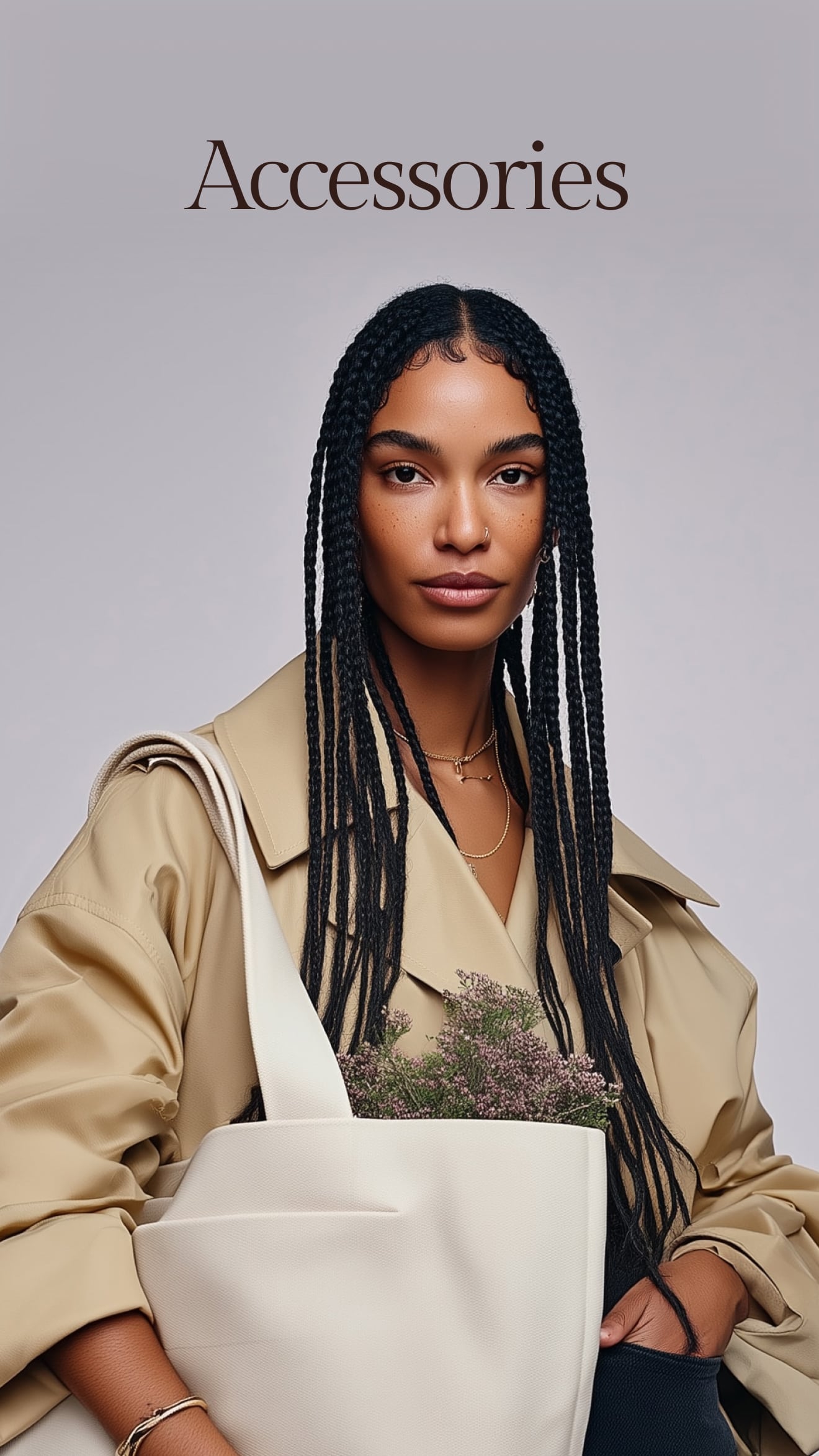 Woman holding a beige tote bag with 'Accessories' text above on a gray background