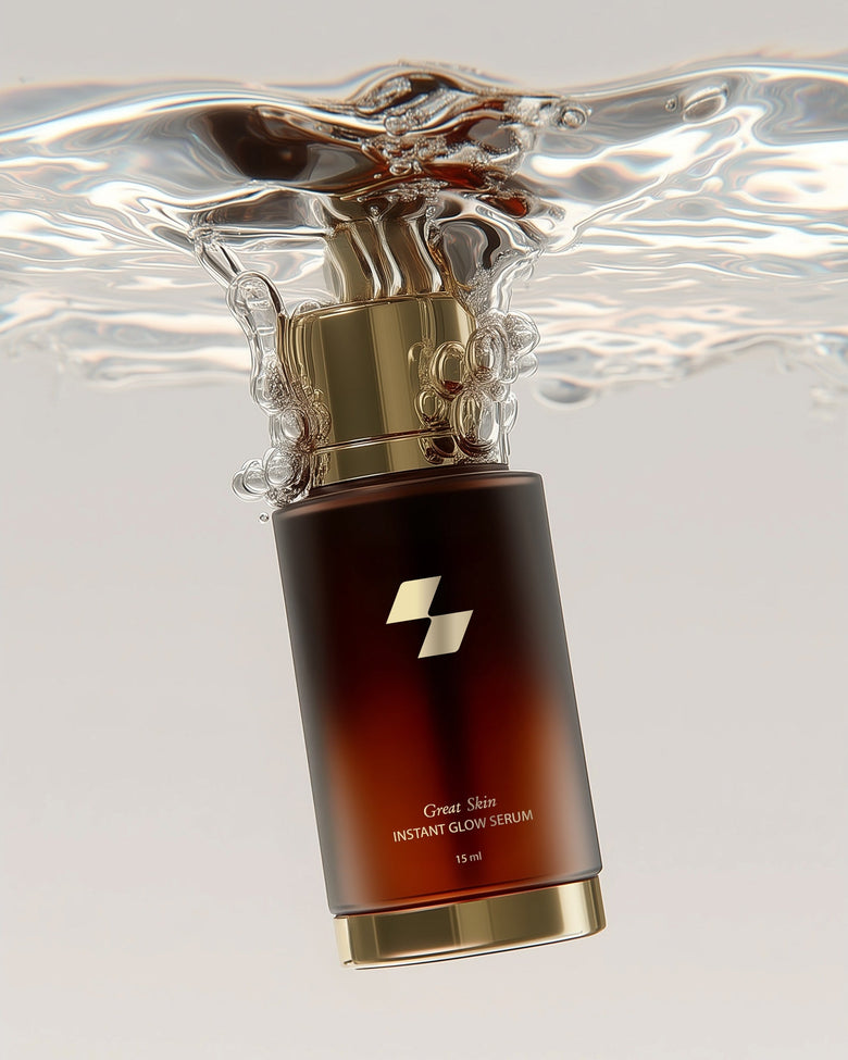 Skincare serum bottle with gold cap on a clear, wavy background