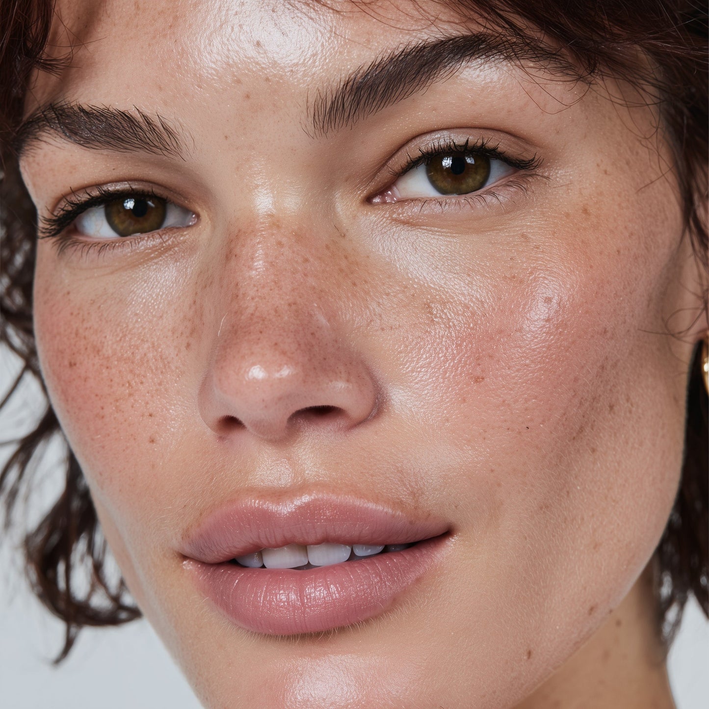 Close-up of a woman's face with a neutral background (Brown)