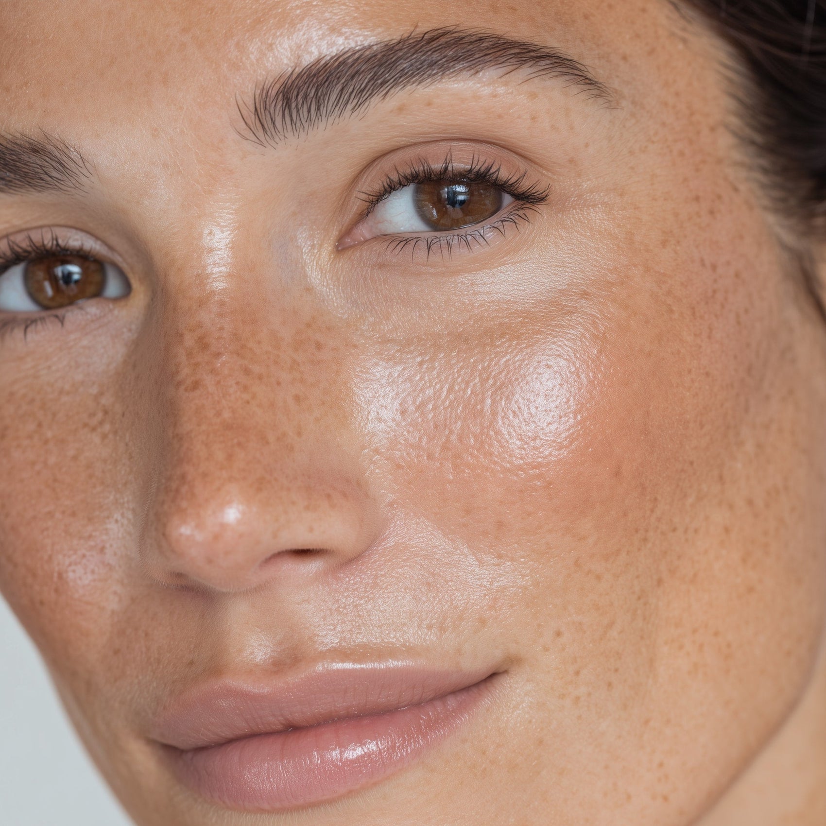 Close-up of a person's face with a neutral background (Brown)
