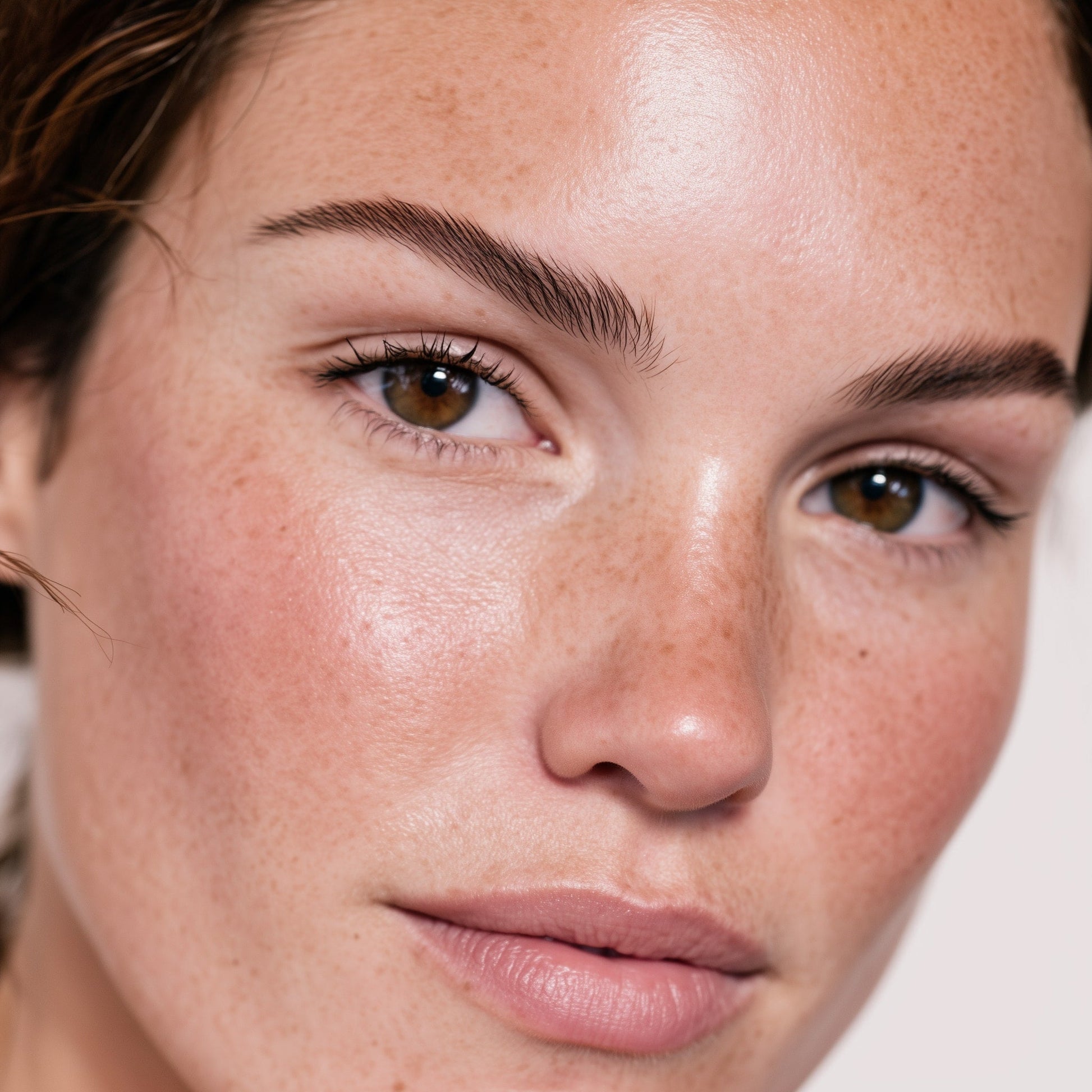 Close-up of a woman's face with a neutral expression (Brown)