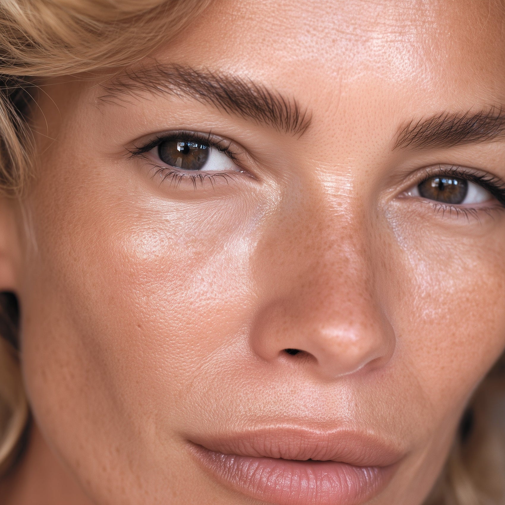 Close-up of a person's face with a focus on the skin texture (Brown)