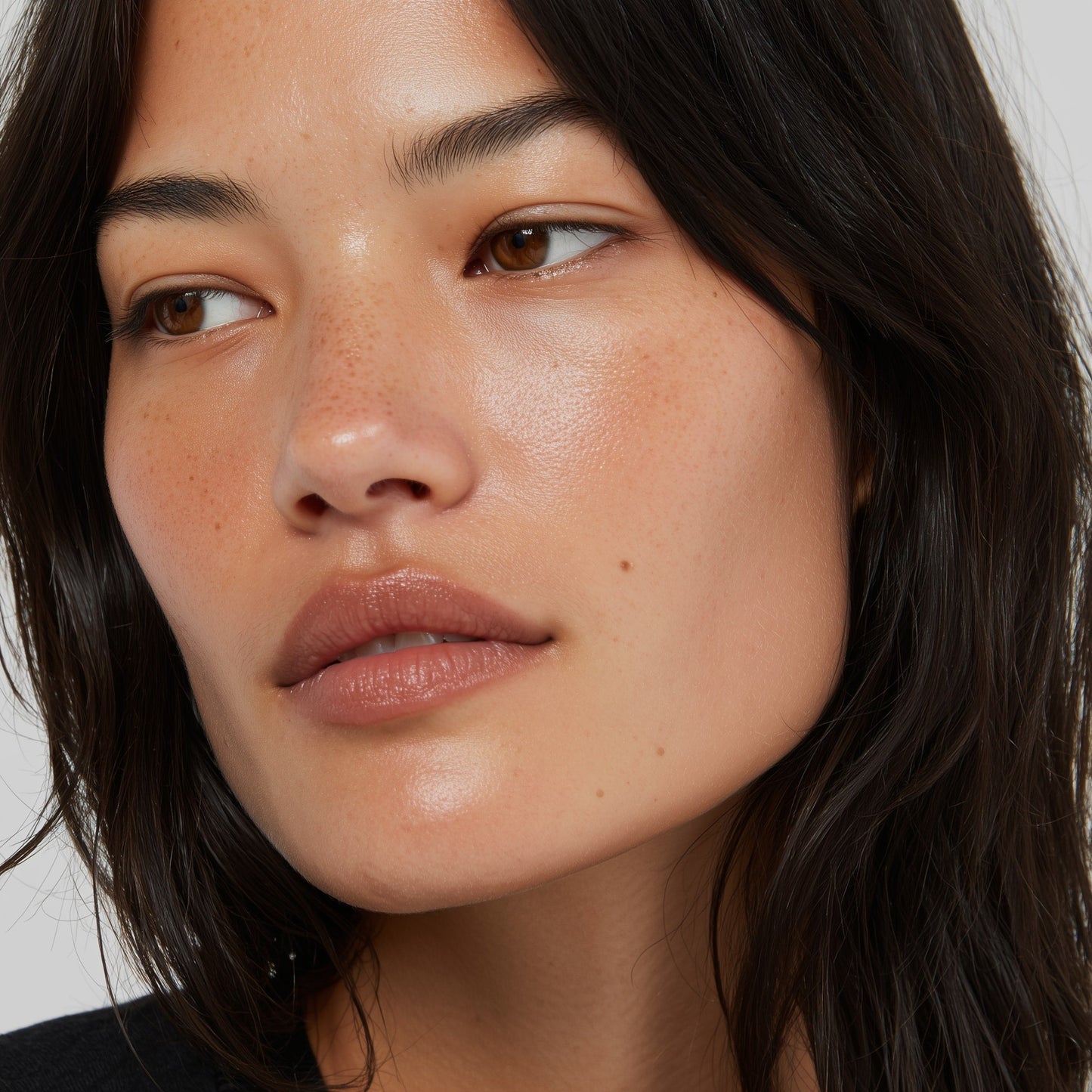 Close-up of a person with dark hair and neutral background (Dark brown)