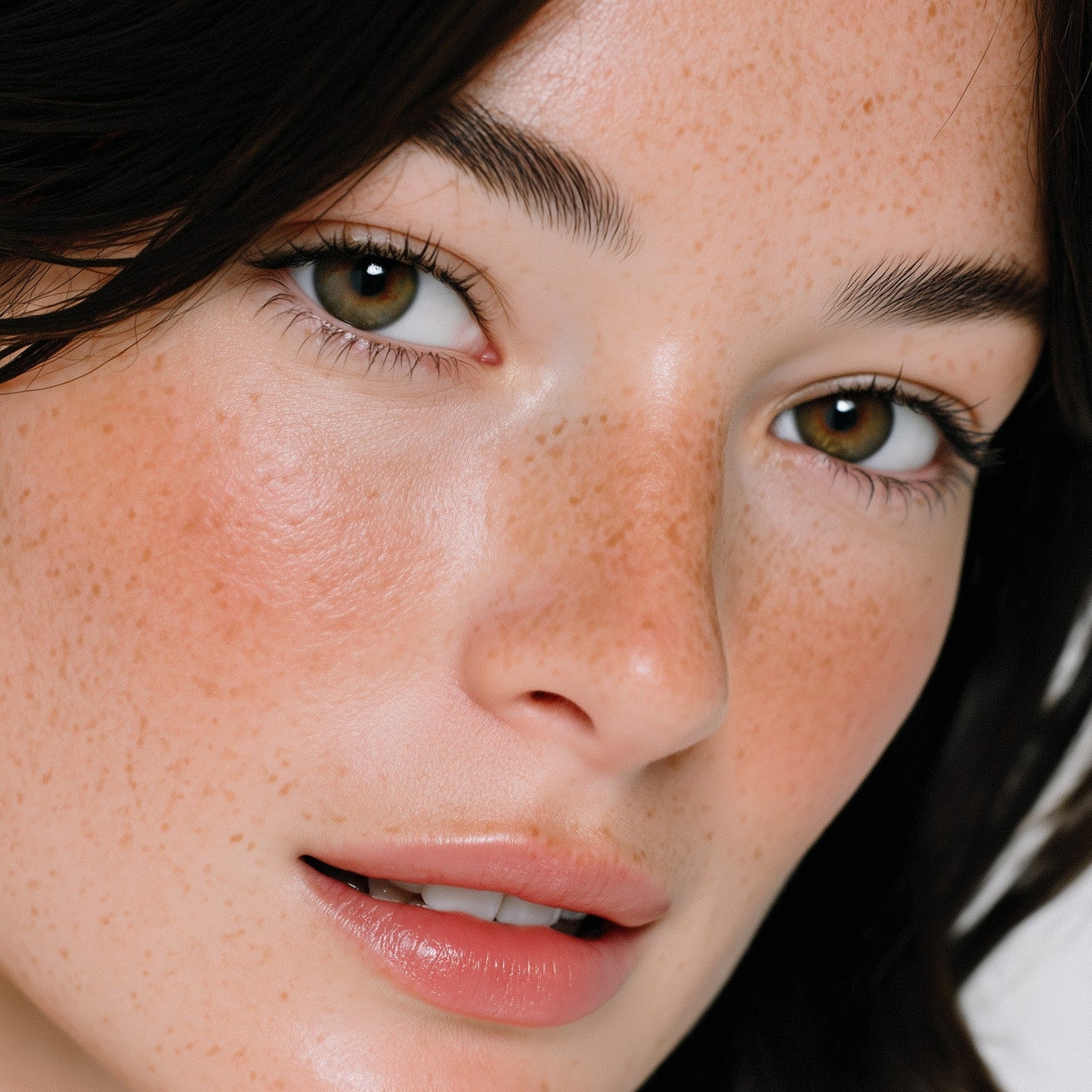 Close-up of a woman's face with freckles and brown eyes (Dark brown)