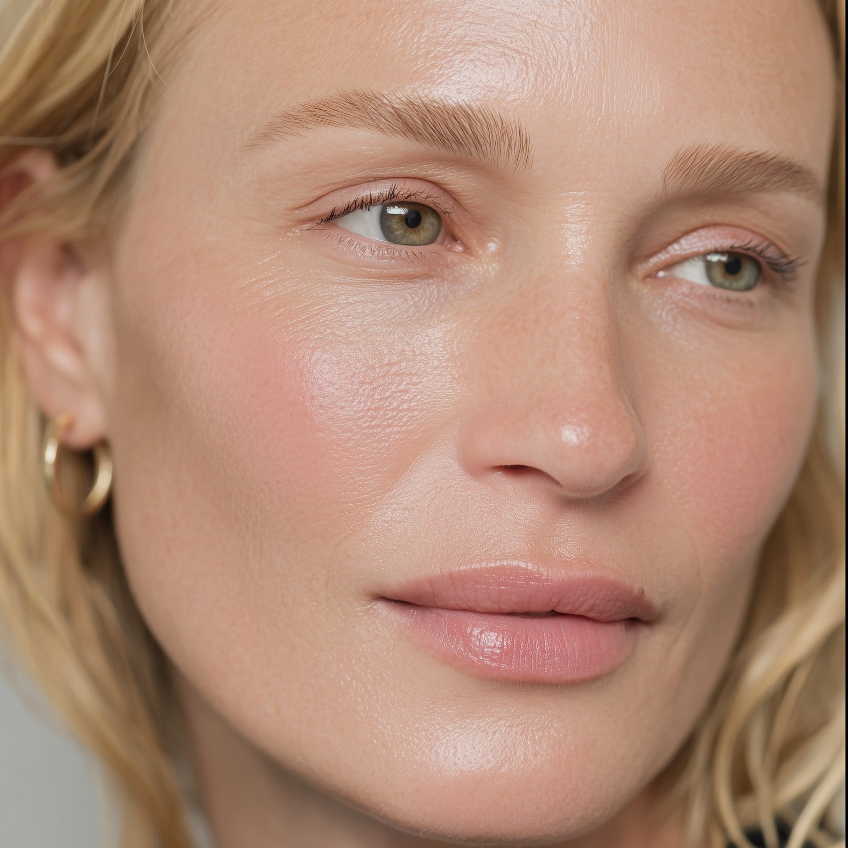 Close-up of a woman's face with a soft focus on her eyes and lips (Light brown)