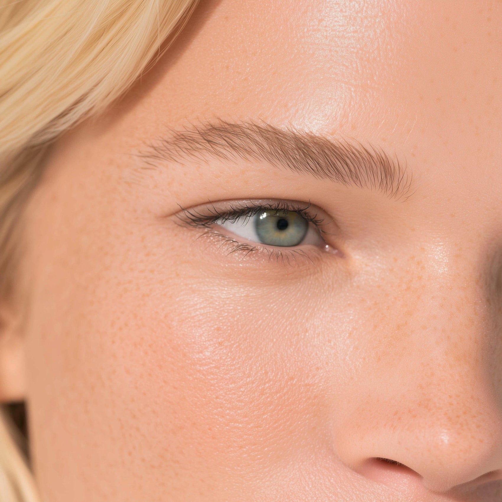 Close-up of a person's eye with blonde hair and blue eyes (Light brown)