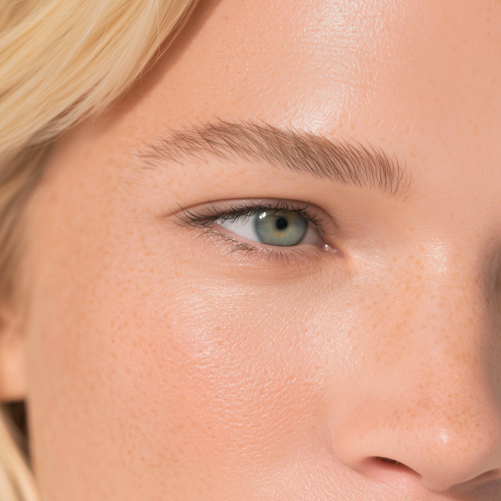 Close-up of a person's eye with blonde hair and blue eyes (Light brown)