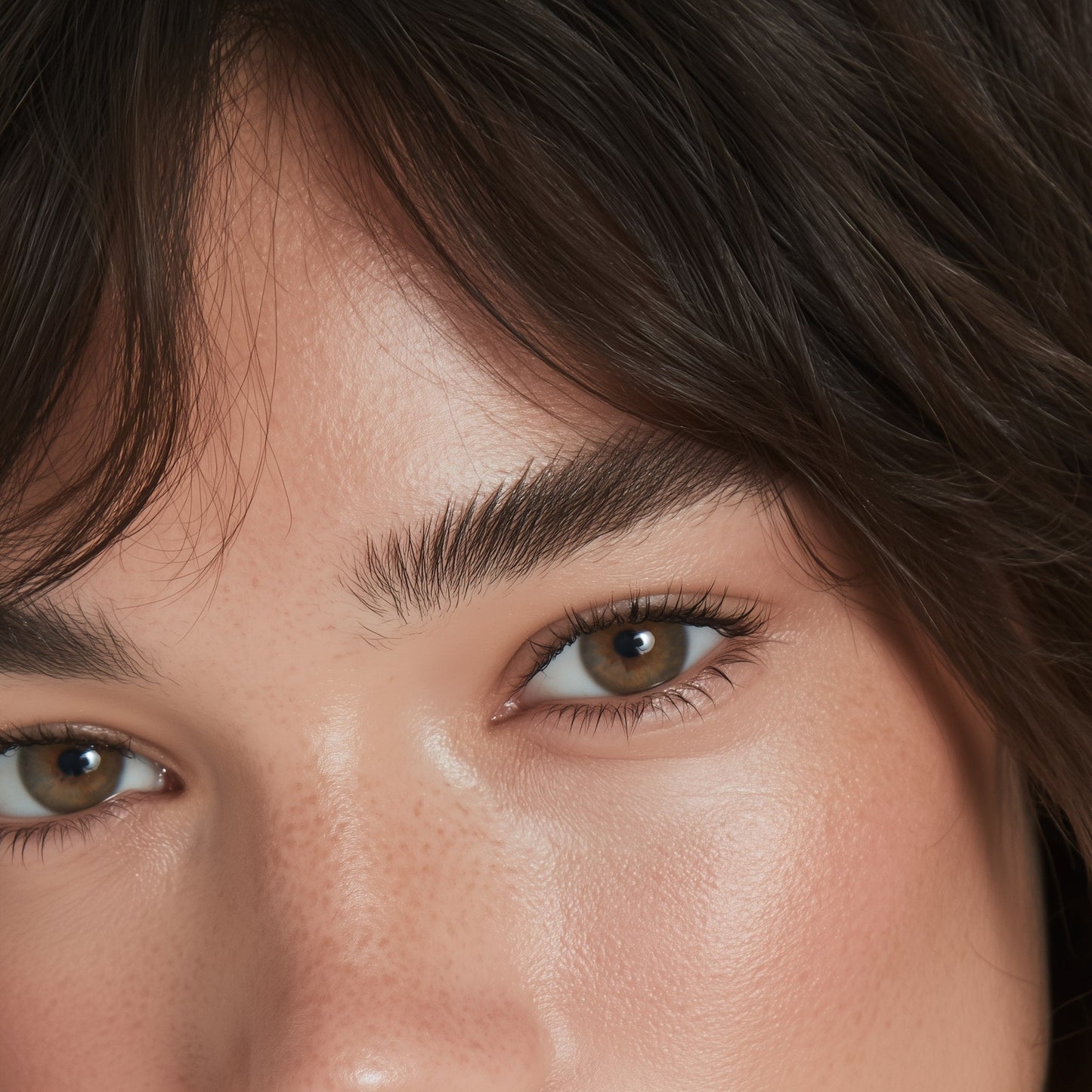 Close-up of a person's face with brown eyes and short brown hair (Medium brown)