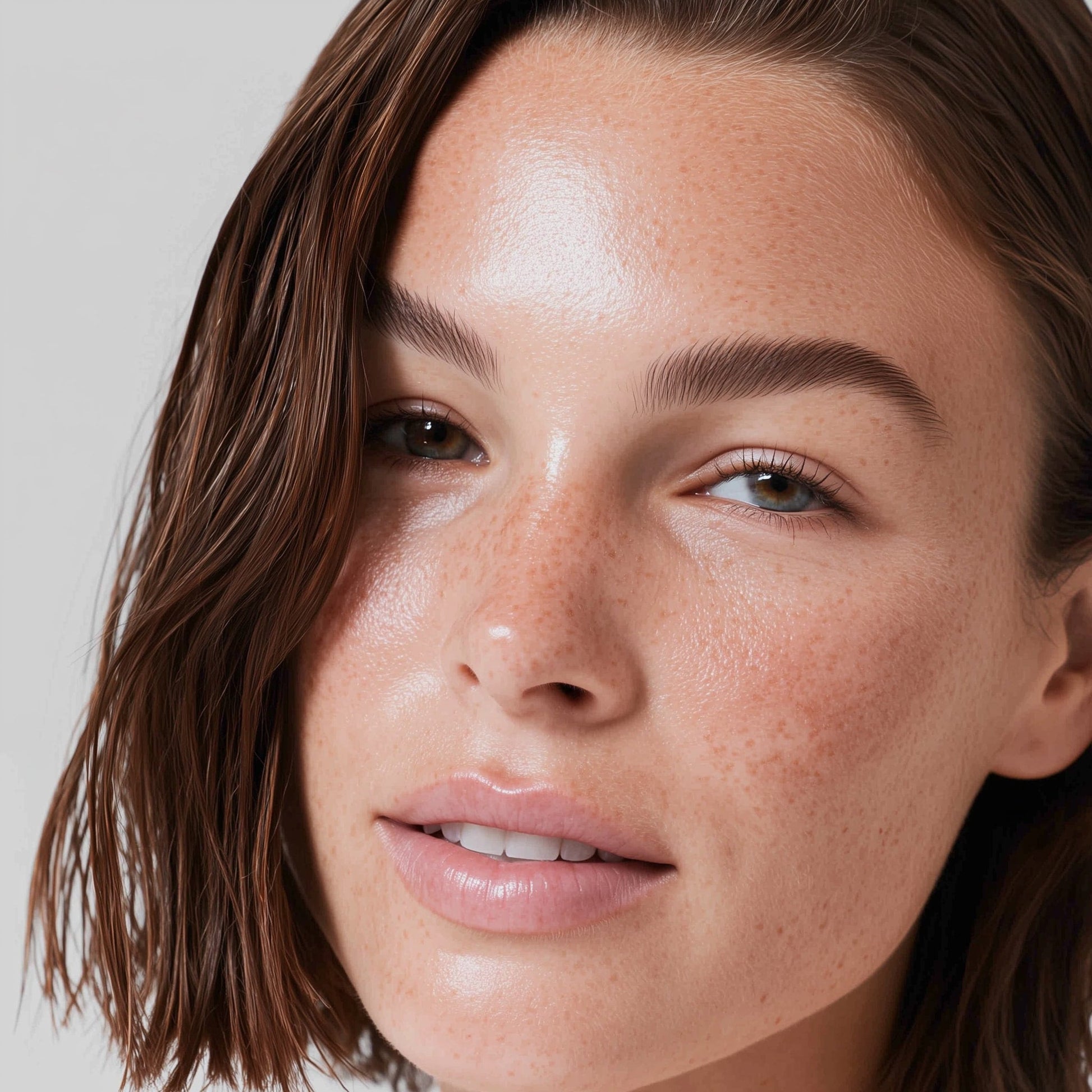 Close-up of a woman's face with a neutral background (Medium brown)