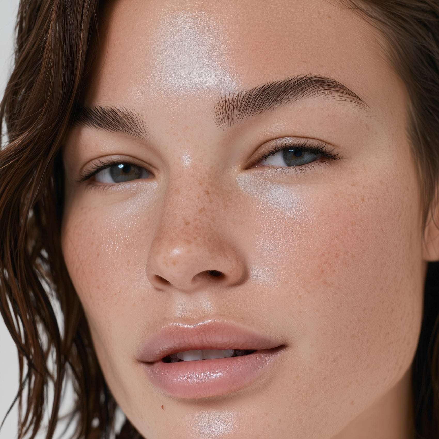 Close-up of a woman's face with natural makeup and brown hair (Medium brown)