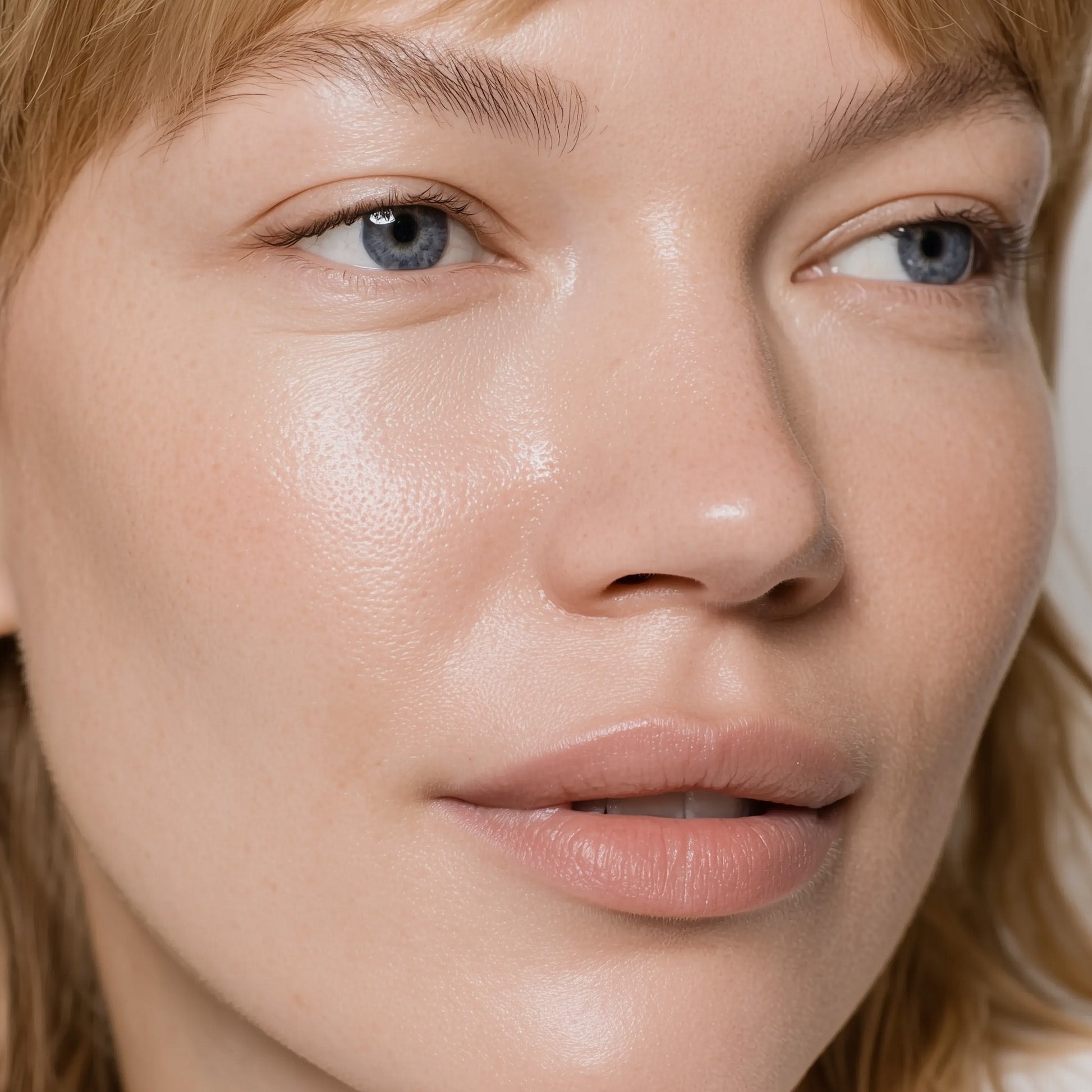 Close-up of a person's face with a soft focus on the skin texture (Natural brown)