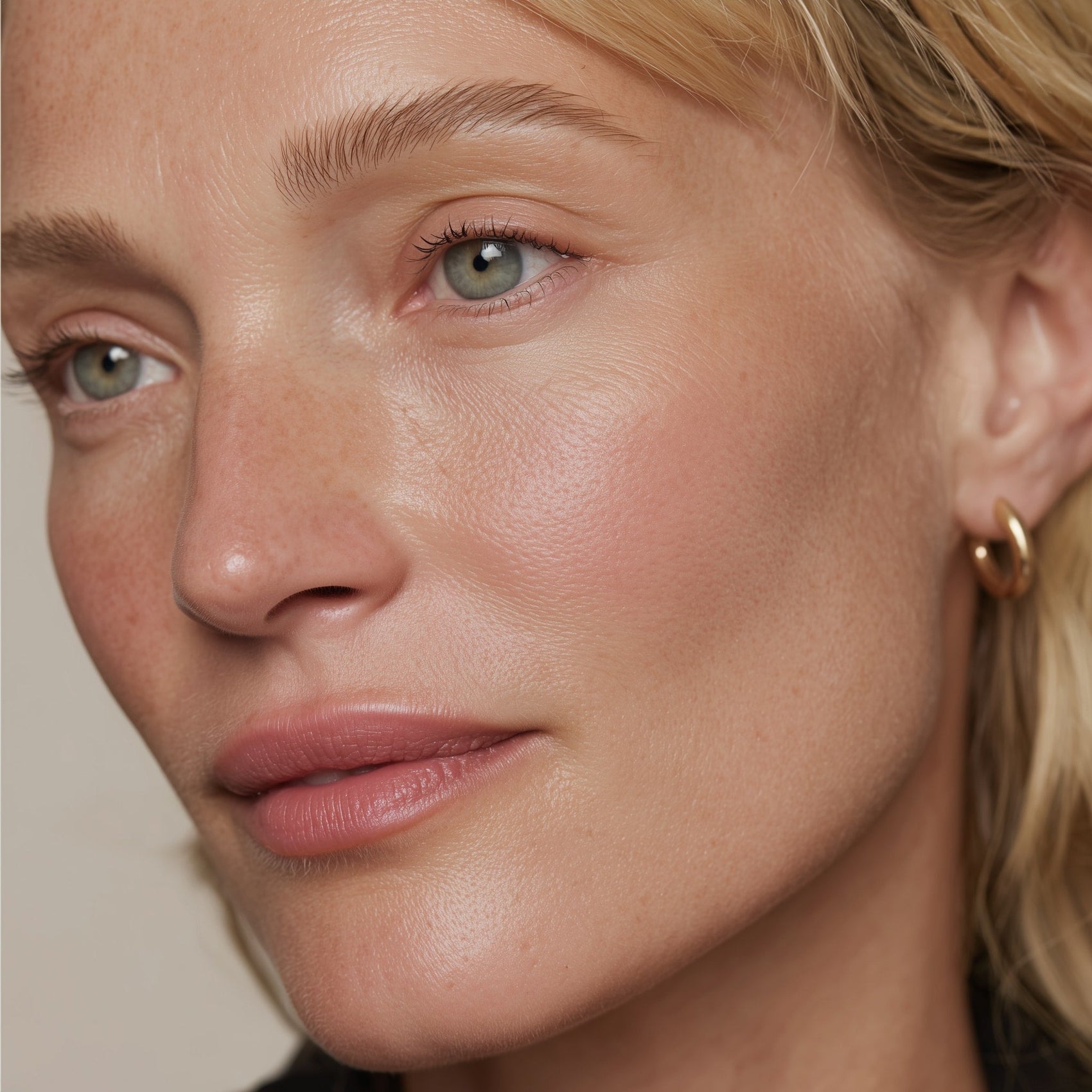 Close-up of a woman's face with a neutral background (Natural brown)