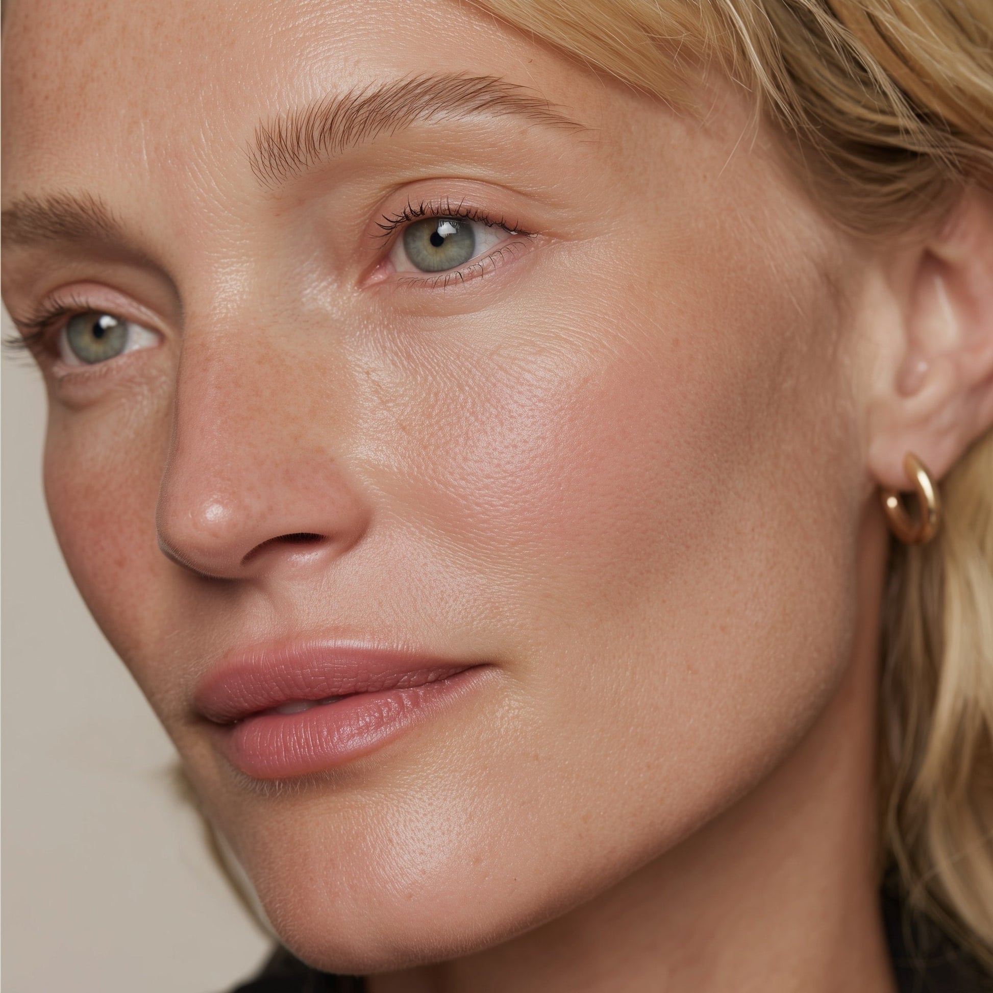 Close-up of a woman's face with a neutral background (Natural brown)