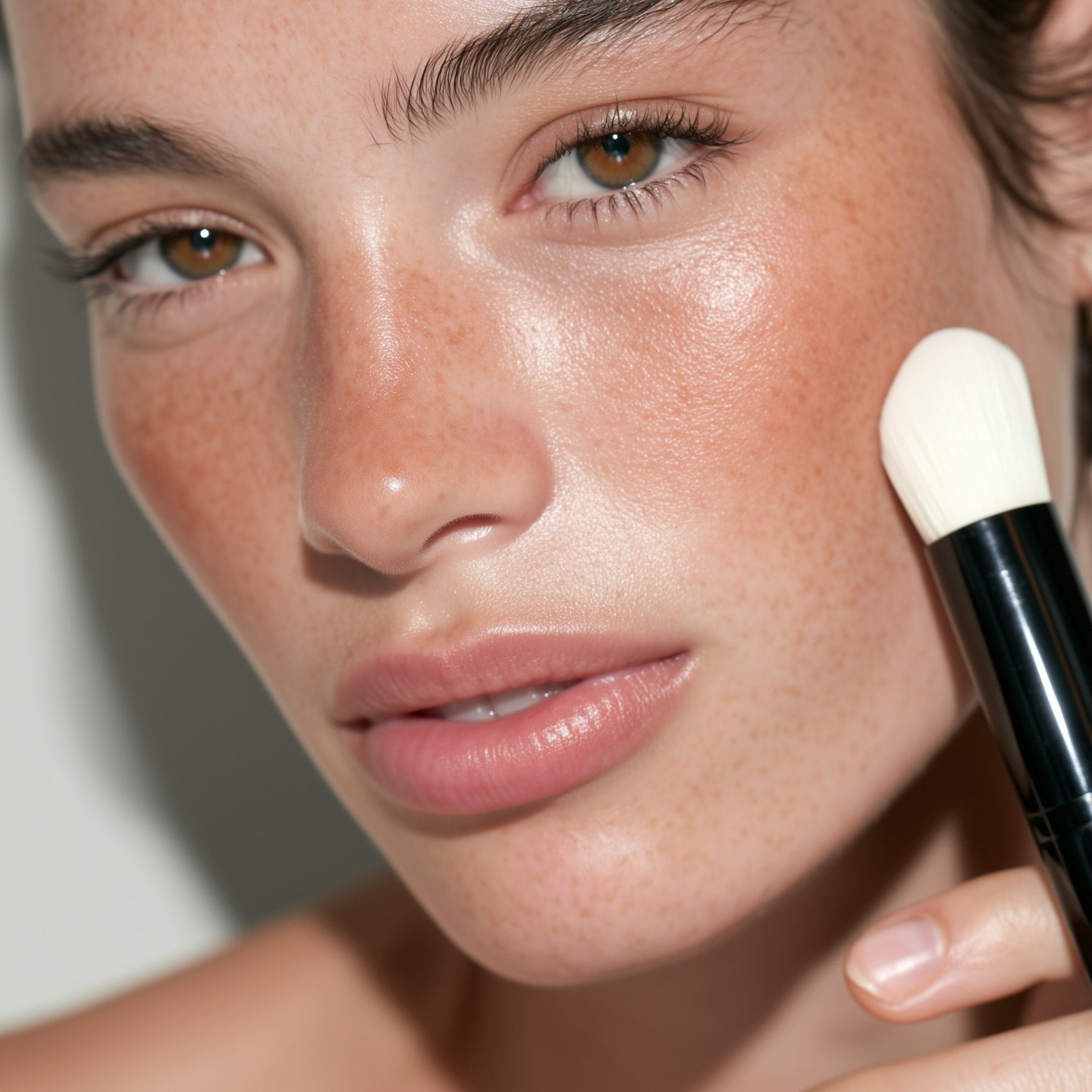 Close-up of a person applying makeup with a brush to their face.