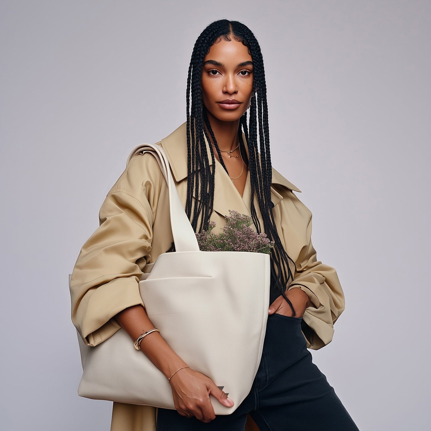 Woman holding a beige tote bag with a plant against a gray background