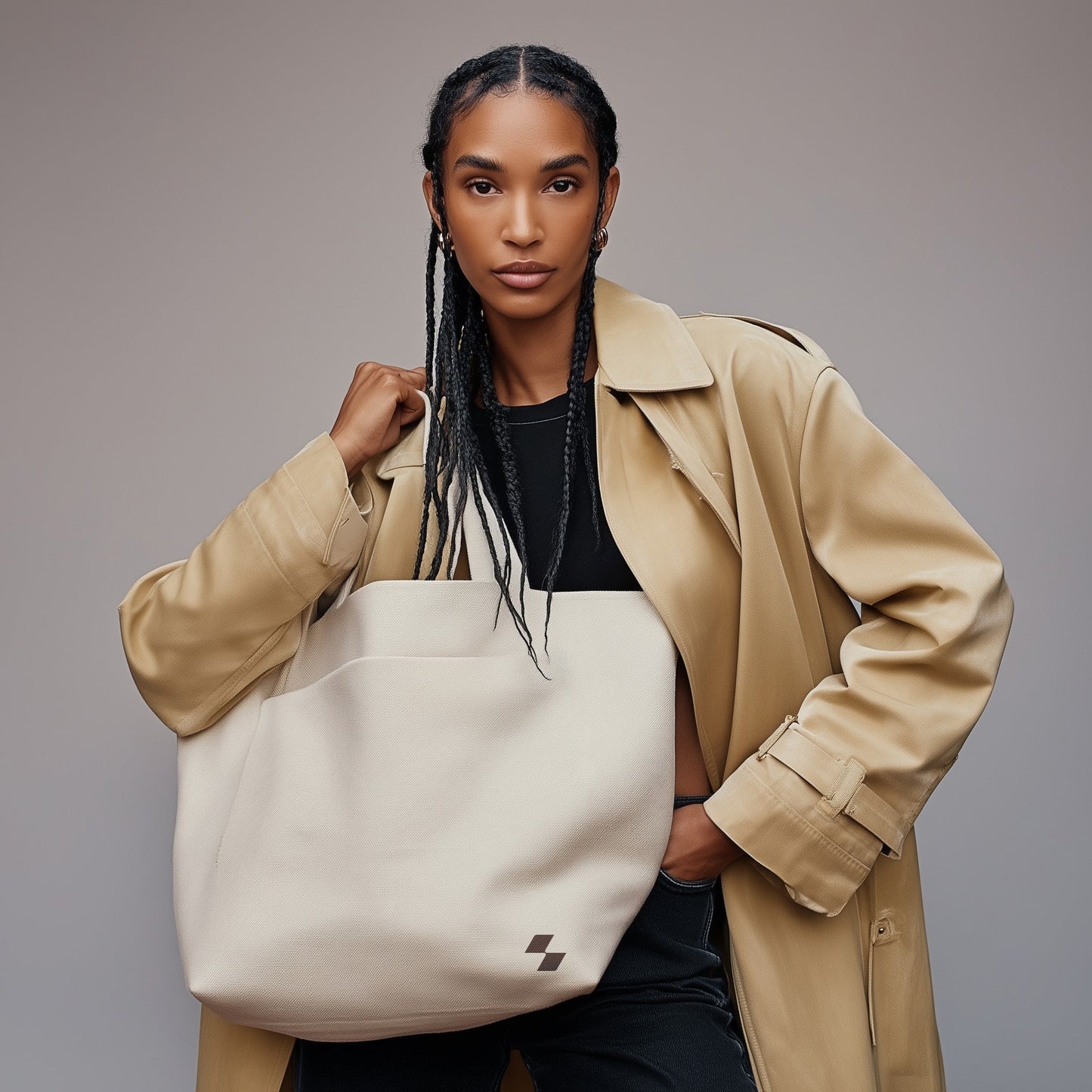 Woman holding a beige tote bag against a gray background