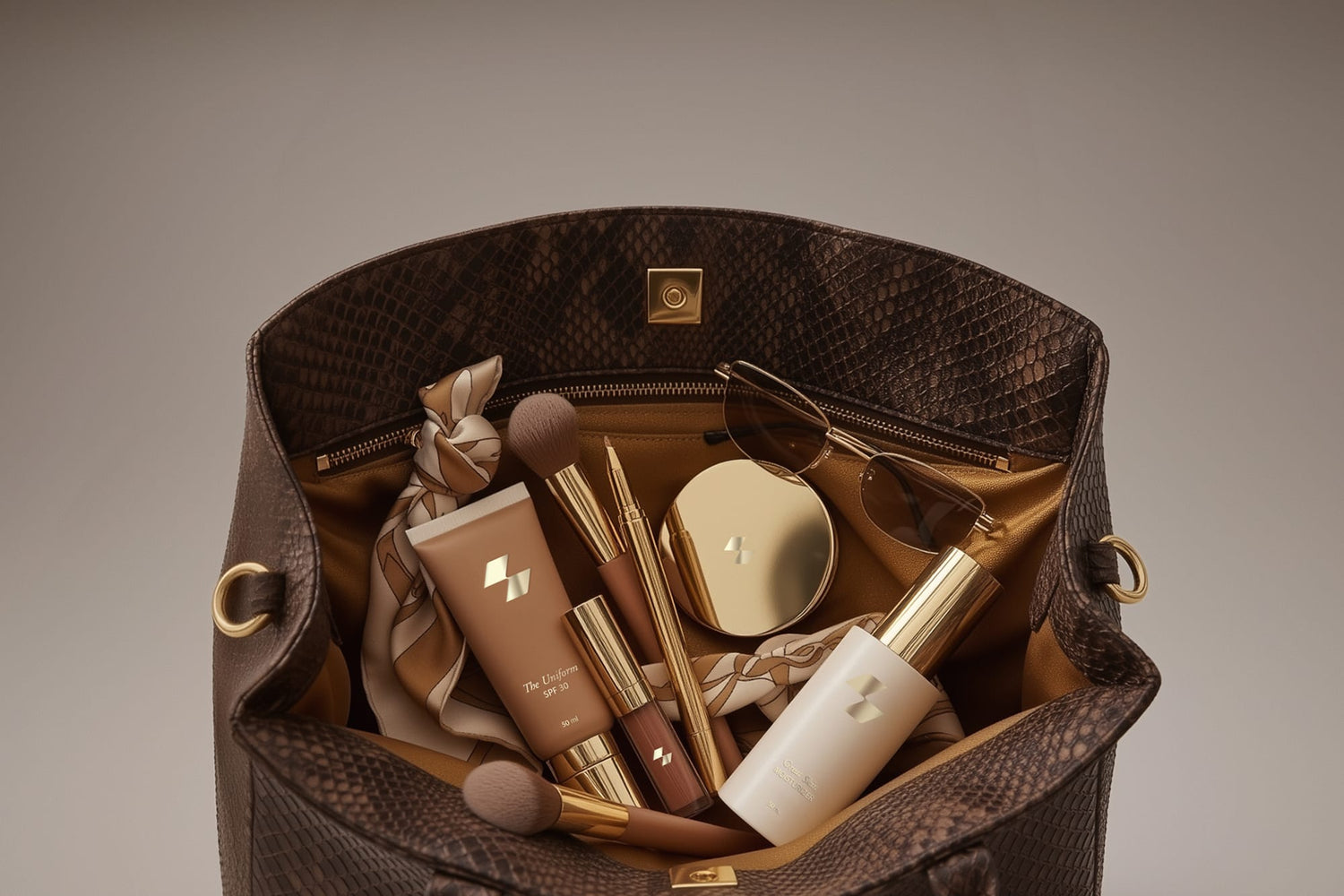 Open brown handbag with cosmetic items on a gray background