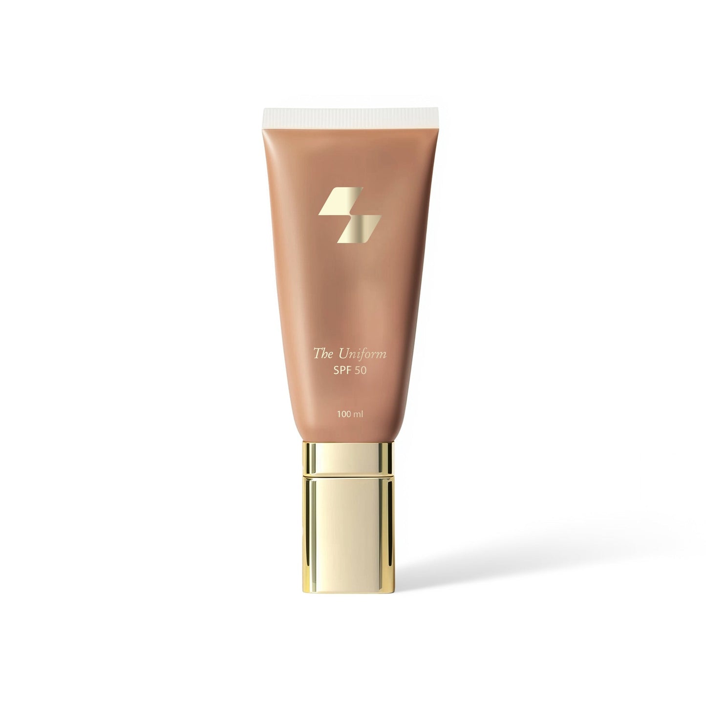 Cosmetic tube with gold cap and beige body on a white background (Medium beige)