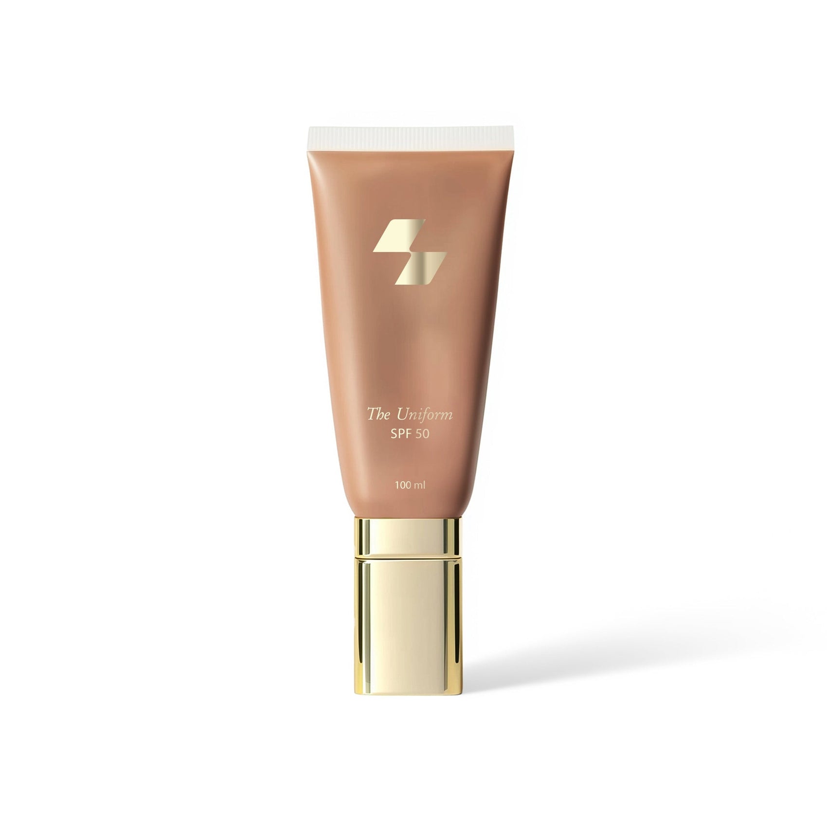 Cosmetic tube with gold cap and beige body on a white background (Medium beige)