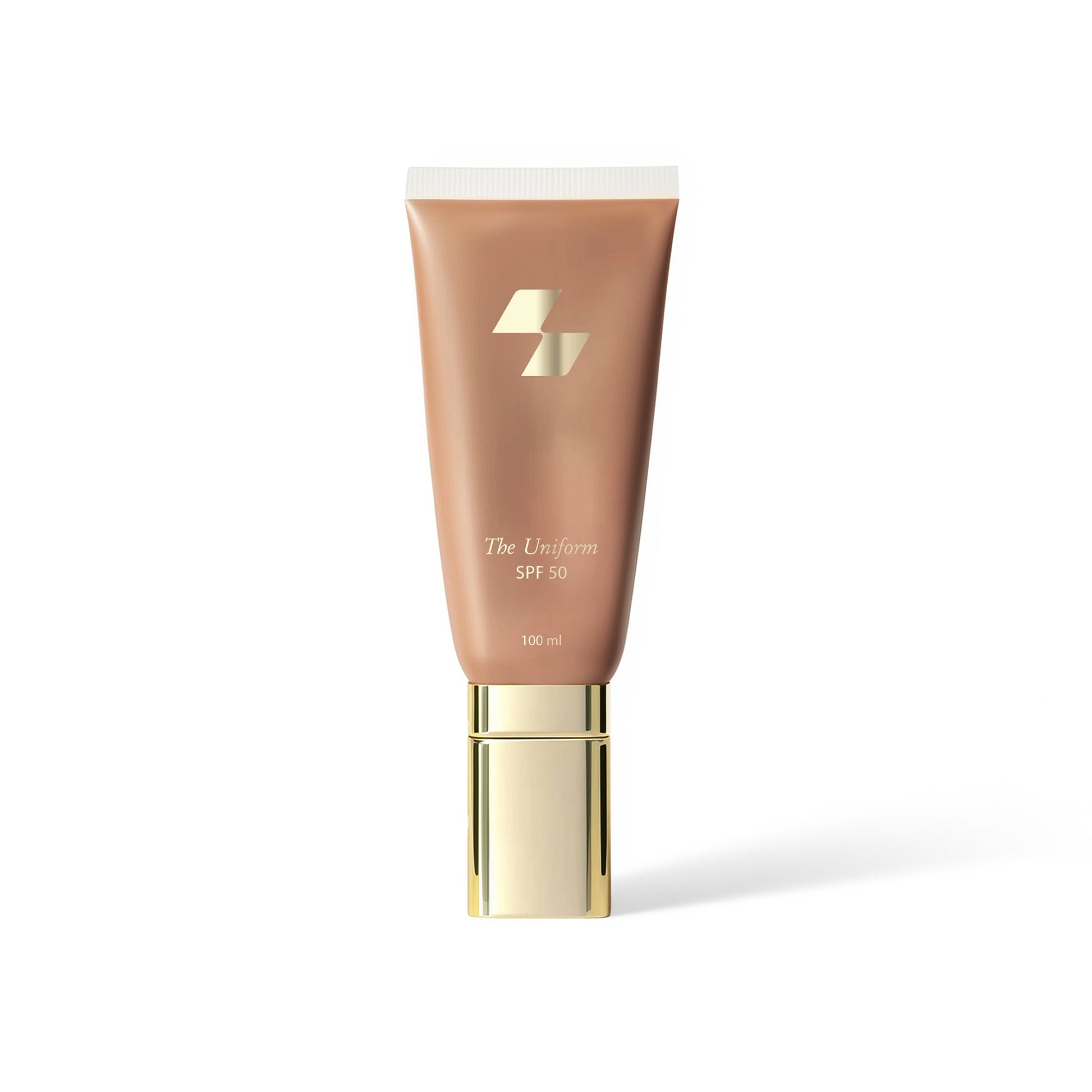 Cosmetic tube with gold cap and beige body on a white background (Medium beige)