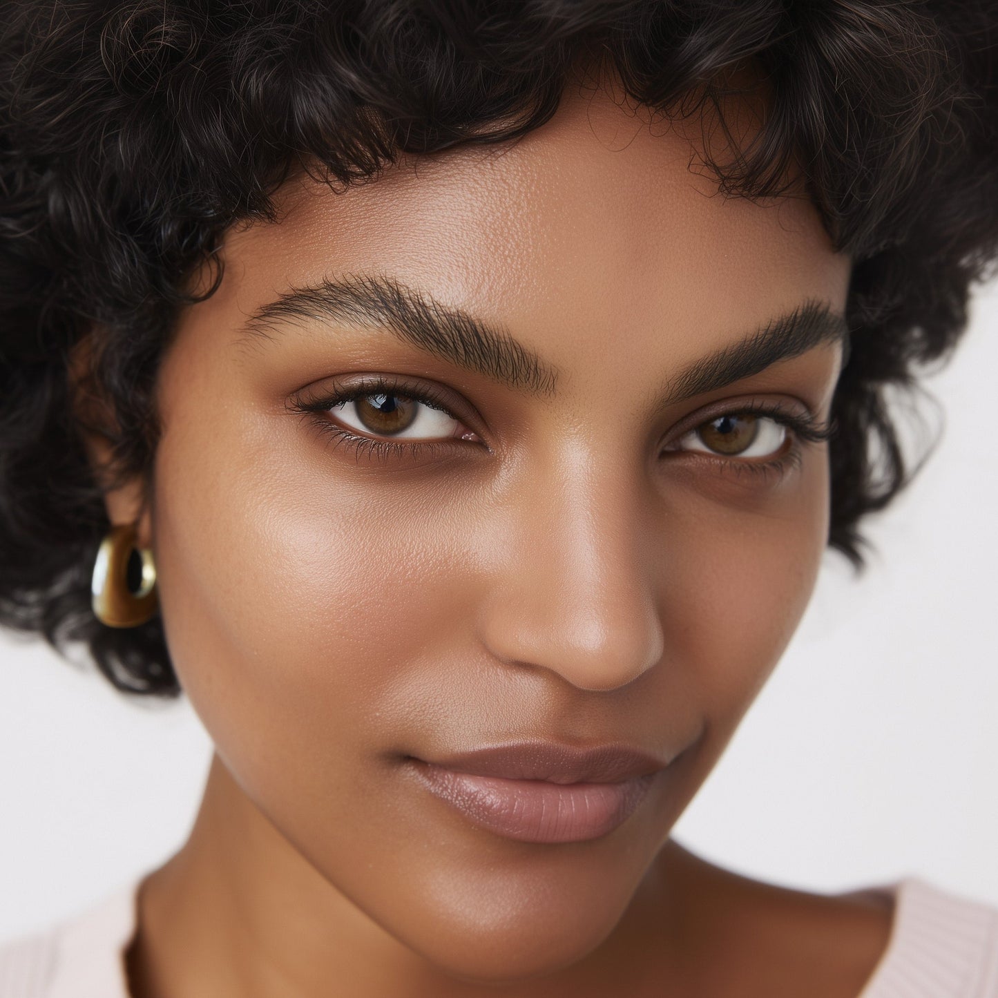Close-up of a woman with short curly hair and gold earrings against a neutral background (Medium beige)
