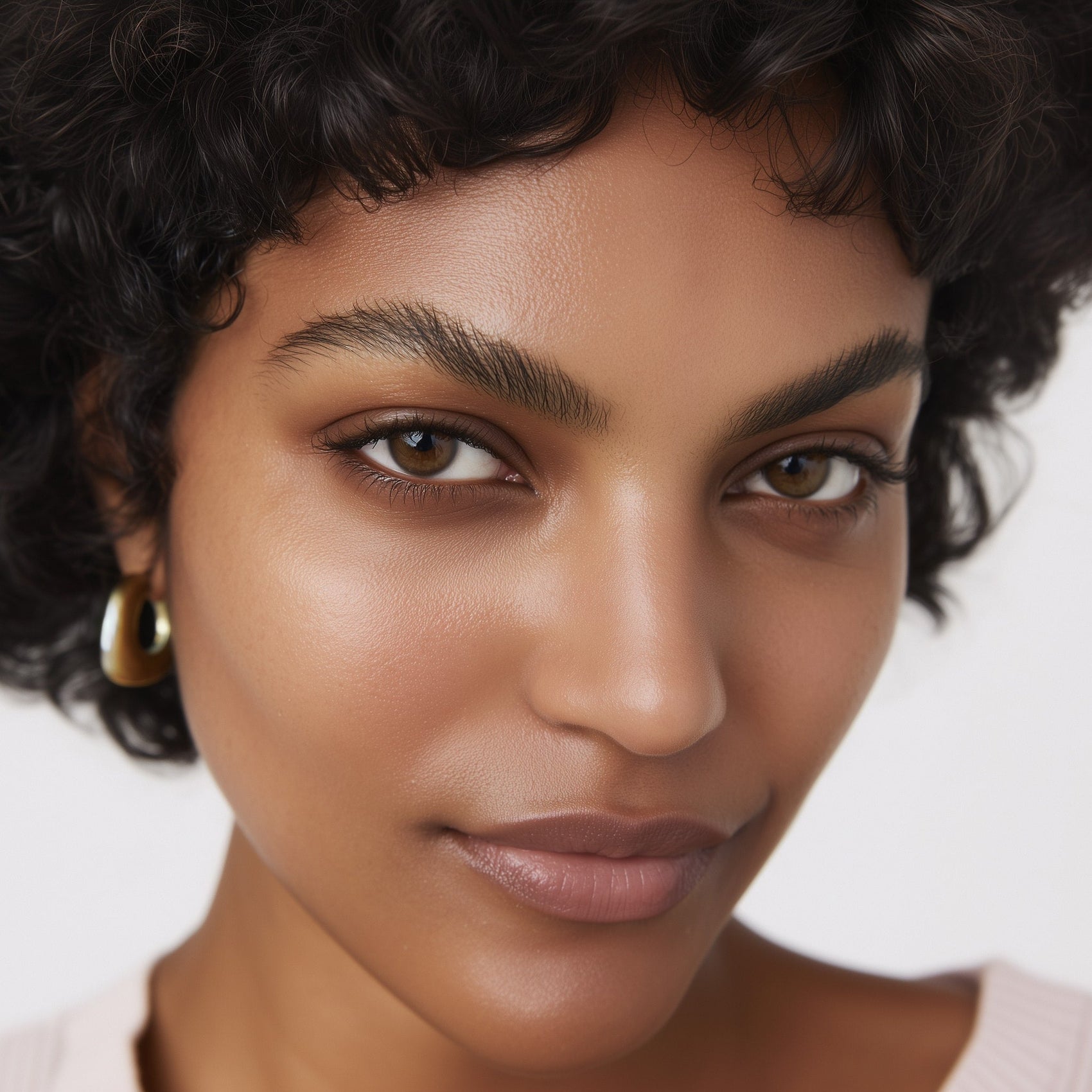 Close-up of a woman with short curly hair and gold earrings against a neutral background (Medium beige)
