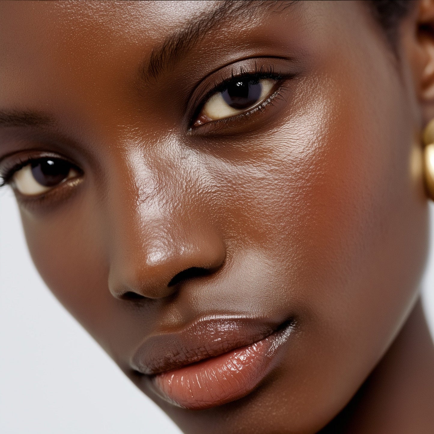 Close-up of a woman's face with a neutral background (Brown)