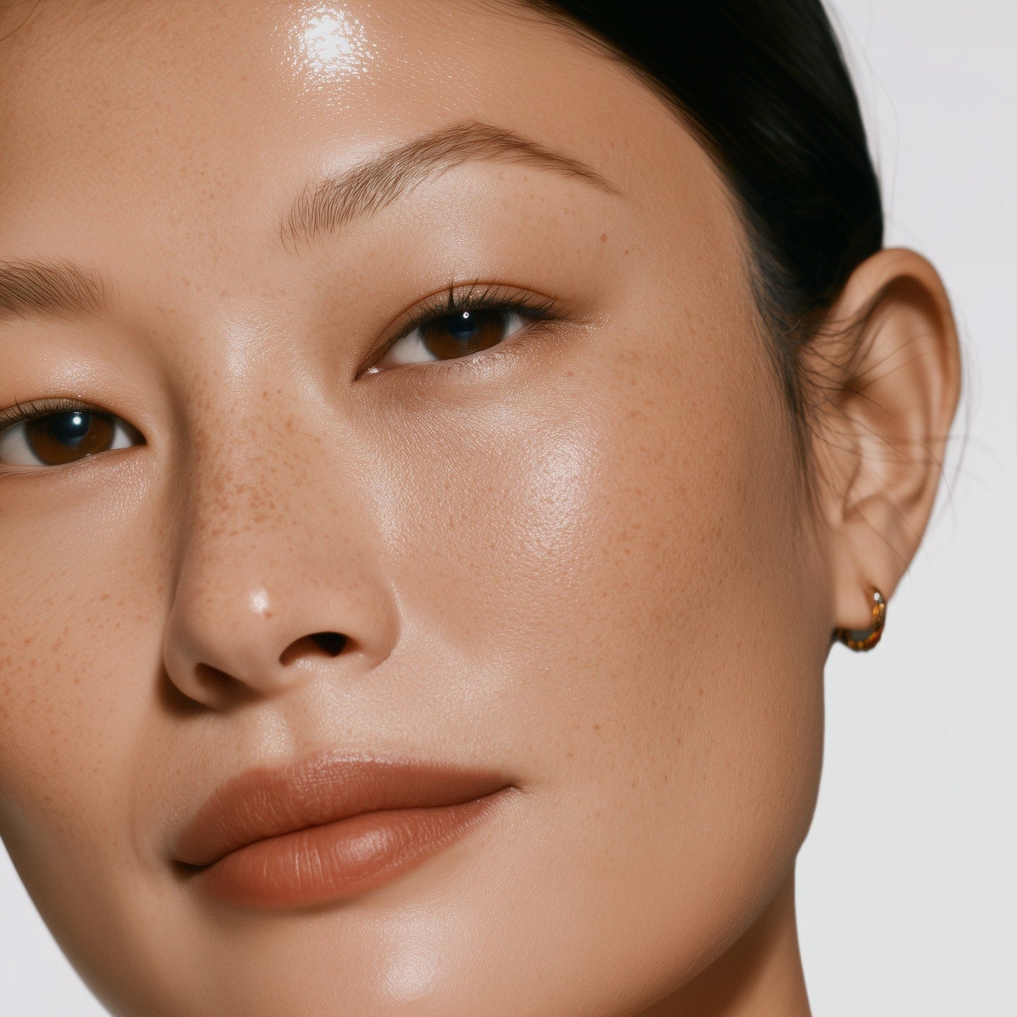 Close-up of a person's face with a neutral background (Beige)