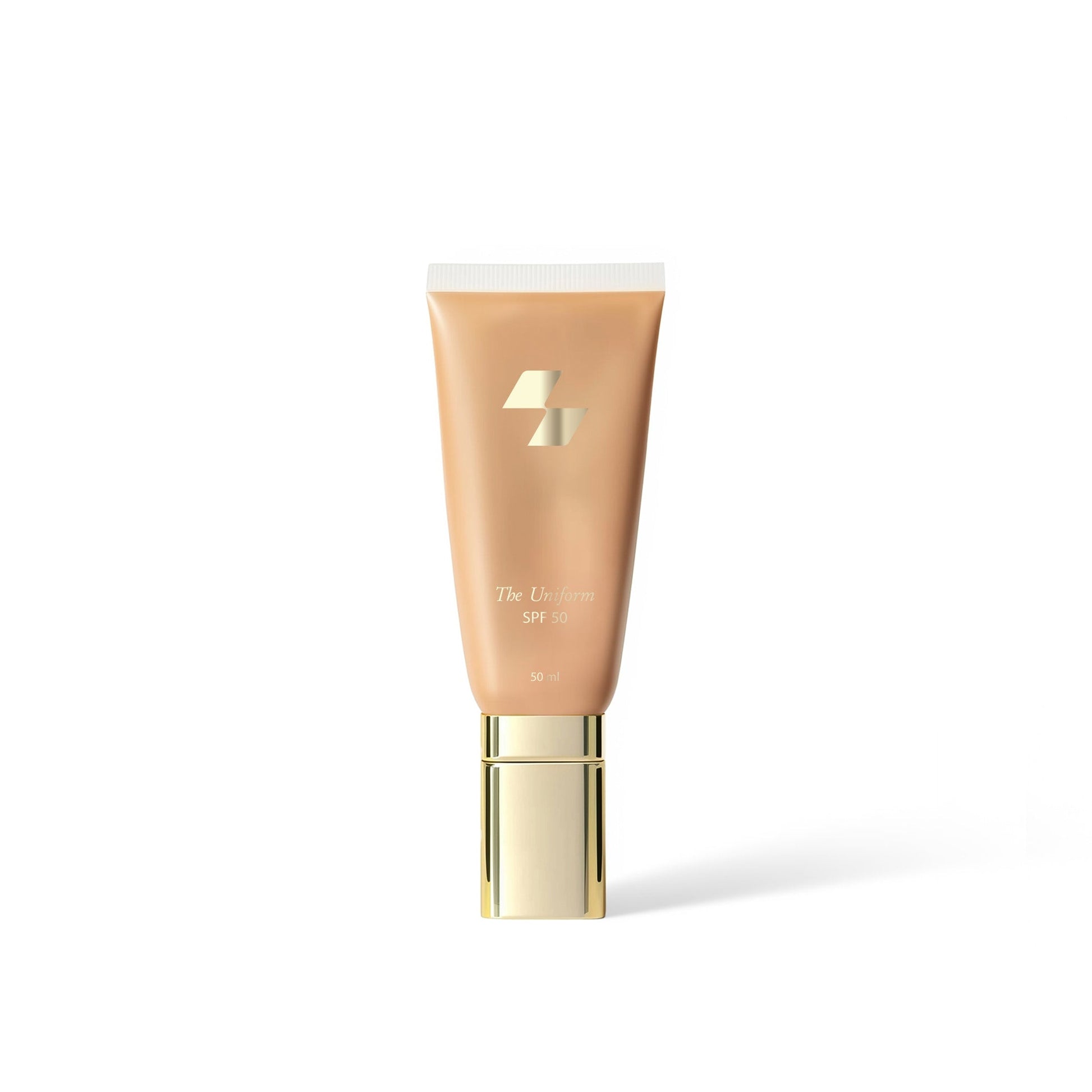 Cosmetic tube with gold cap on a white background (Beige)