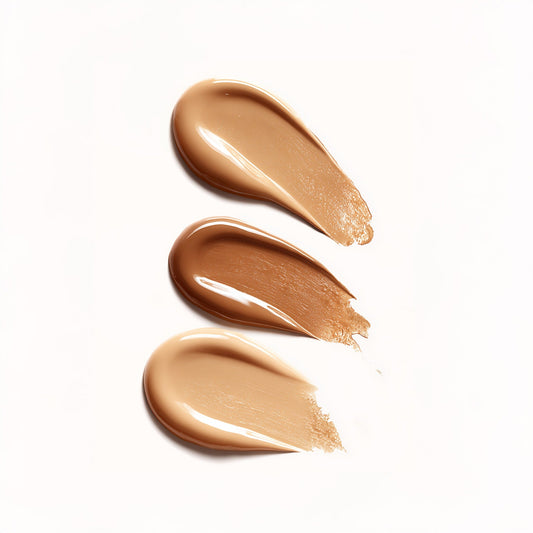 Three swatches of beige makeup cream on a white background