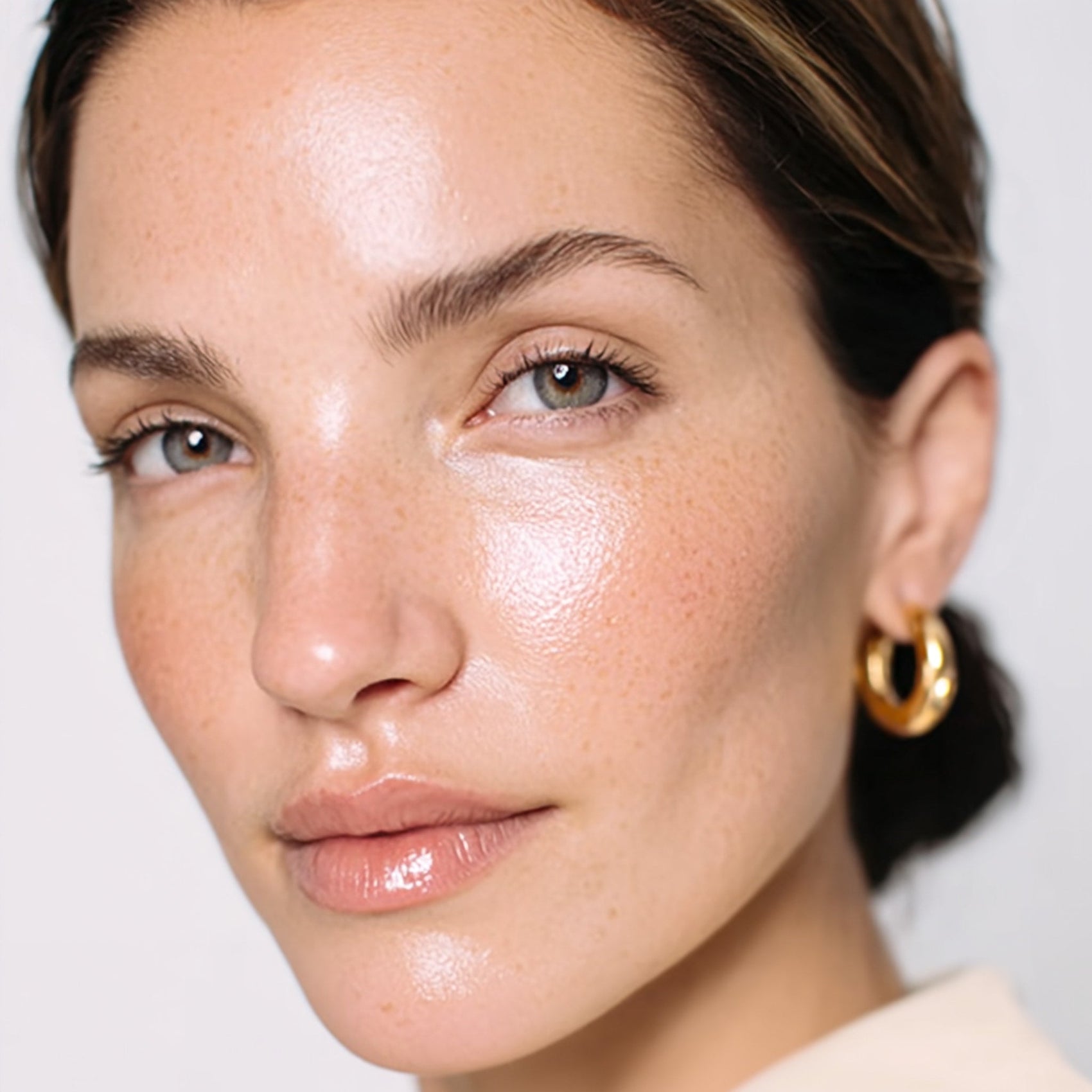 Close-up of a woman's face with a soft focus on her skin texture.