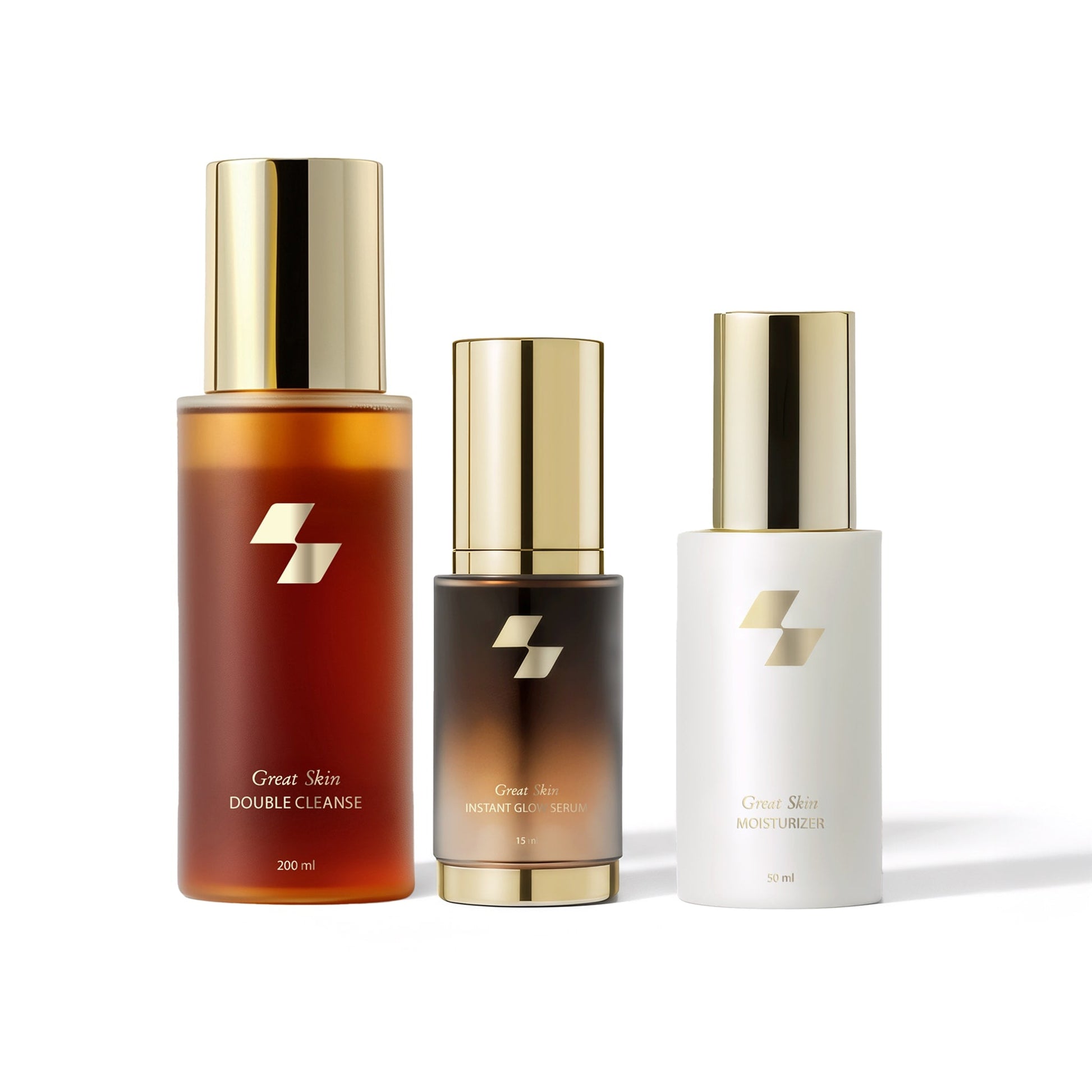Three skincare bottles with gold caps on a white background