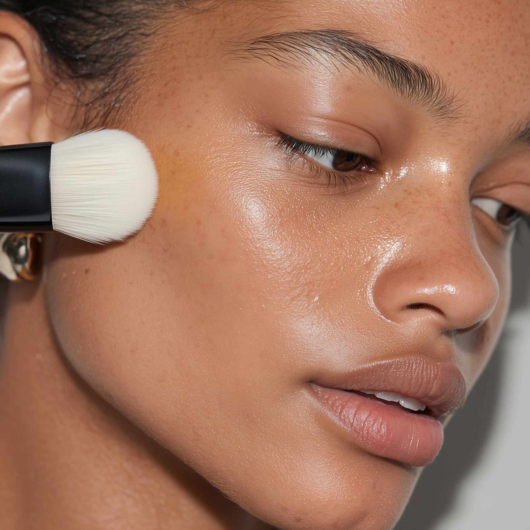 Close-up of a person applying makeup with a brush to their face.