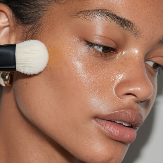 Close-up of a person applying makeup with a brush to their face.