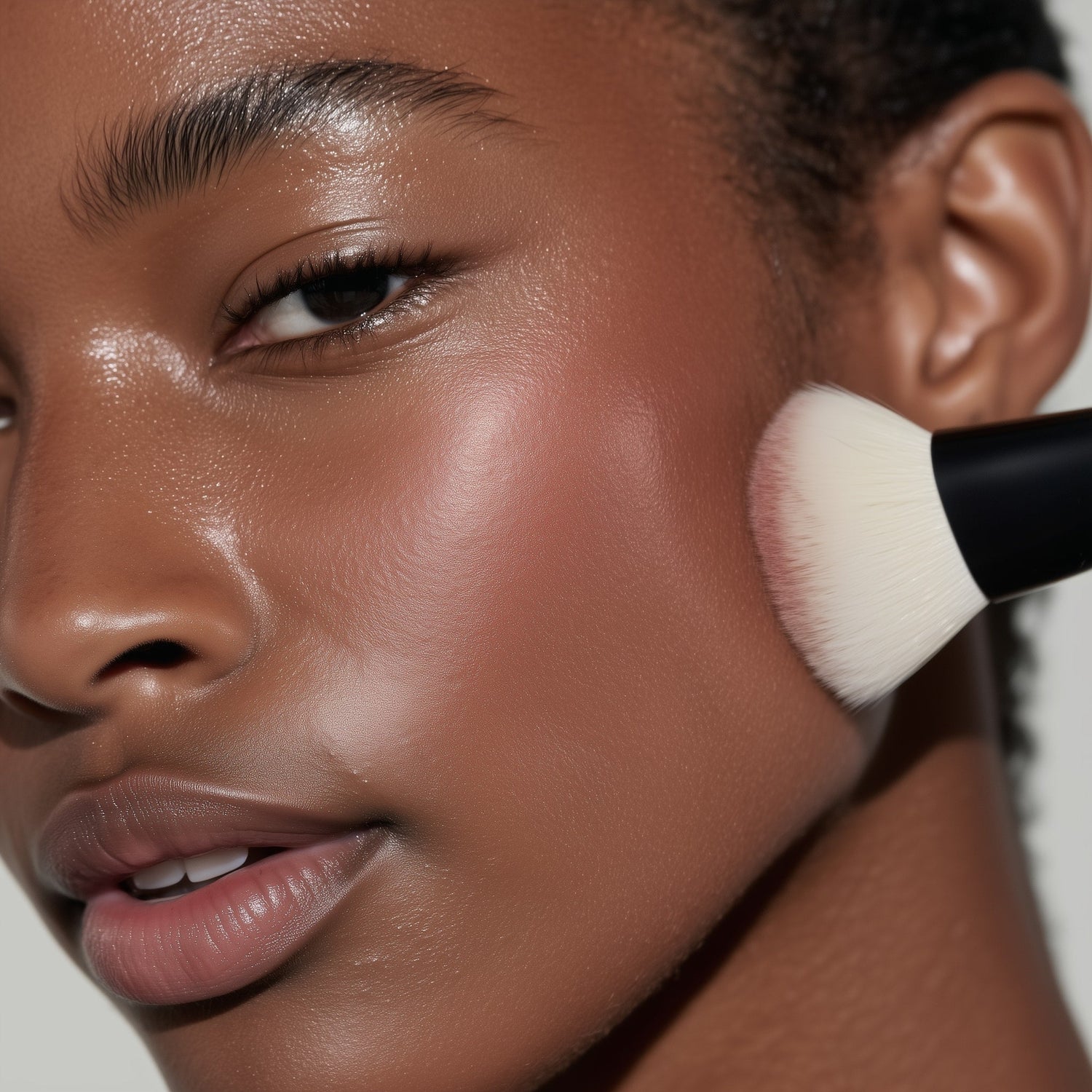 Close-up of a person applying makeup with a brush to their face.