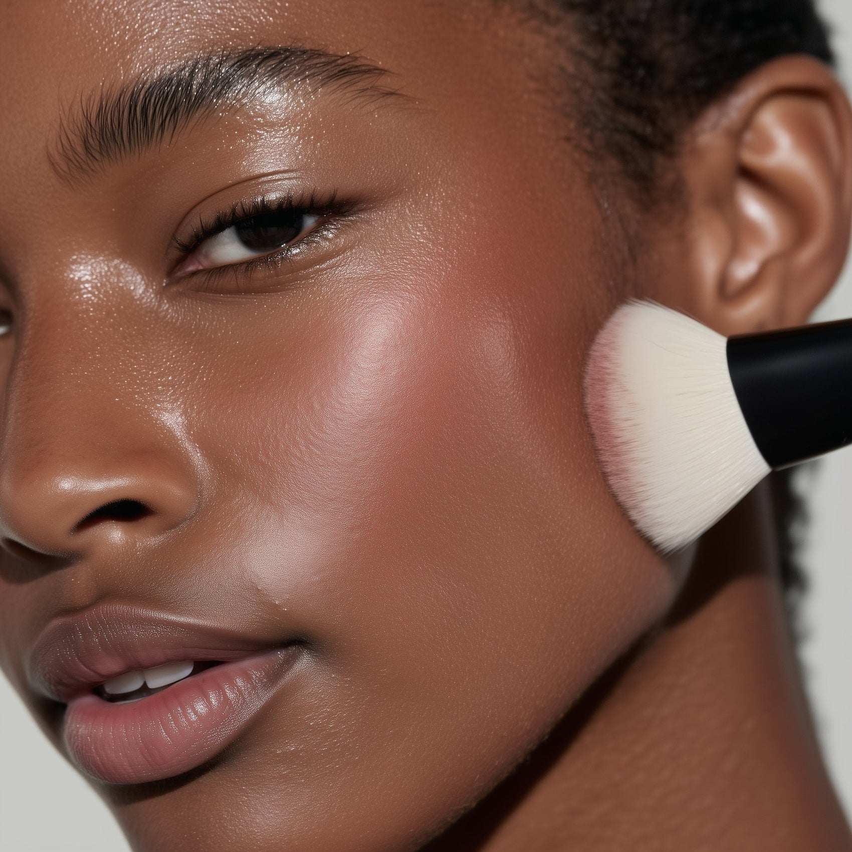 Close-up of a person applying makeup with a brush to their face.