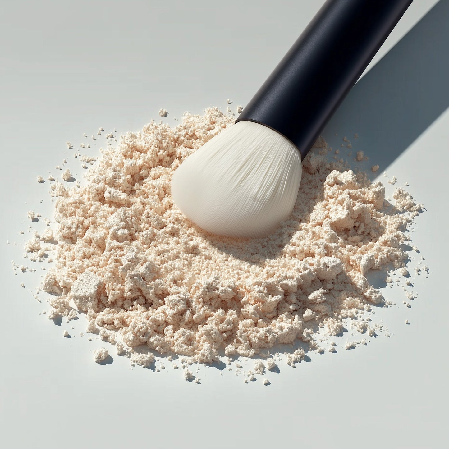 Makeup brush in a pile of light pink powder on a light gray background