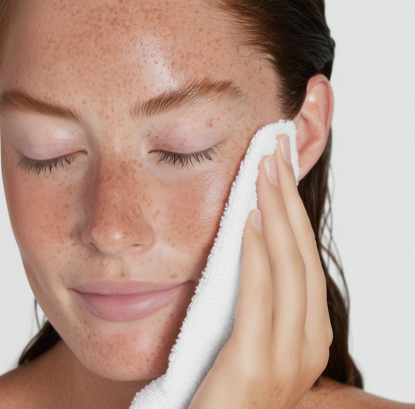 Woman cleaning her face with a white towel against a neutral background