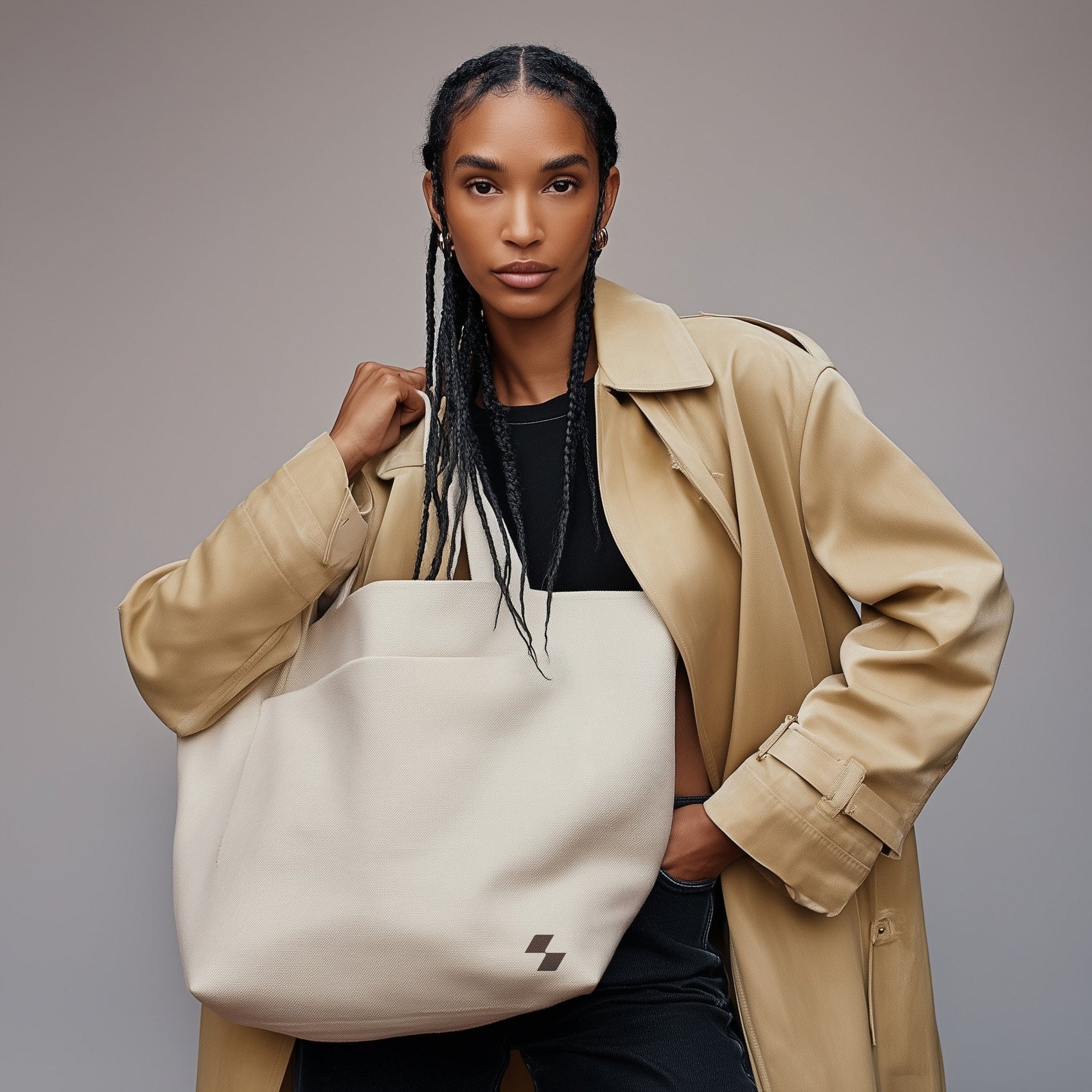 Woman holding a beige tote bag against a gray background