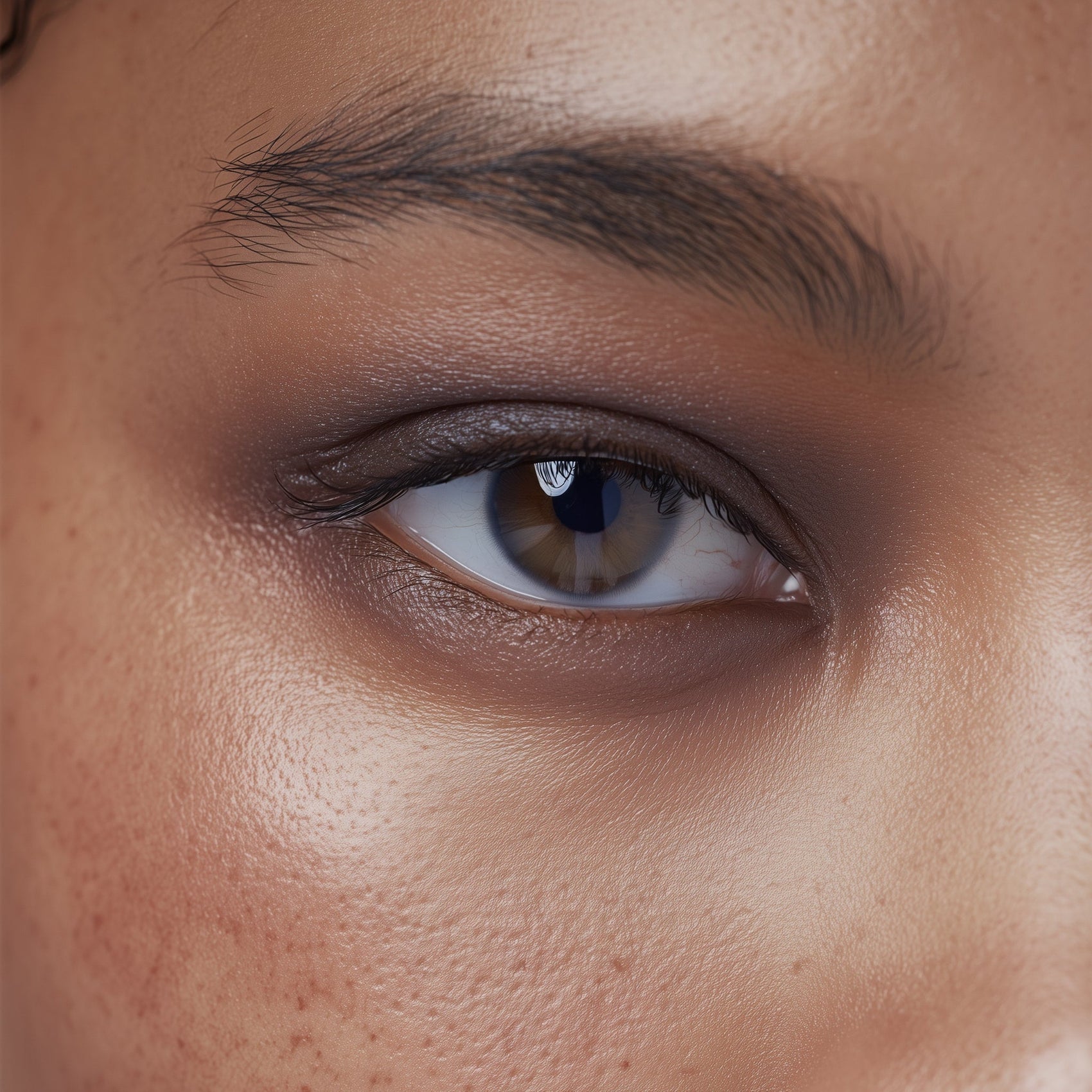 Close-up of a person's eye with brown iris and eyelashes.
