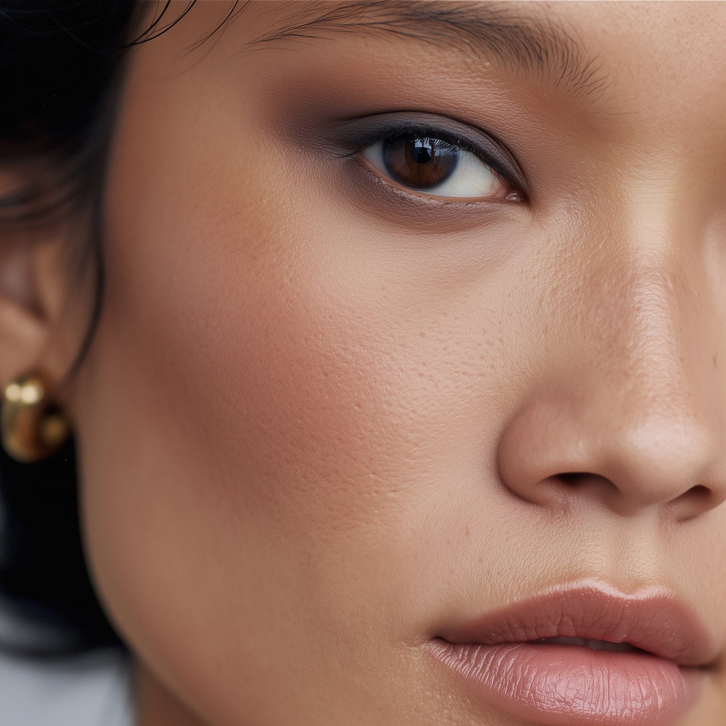 Close-up of a woman's face with a focus on her eye and nose (Blue)