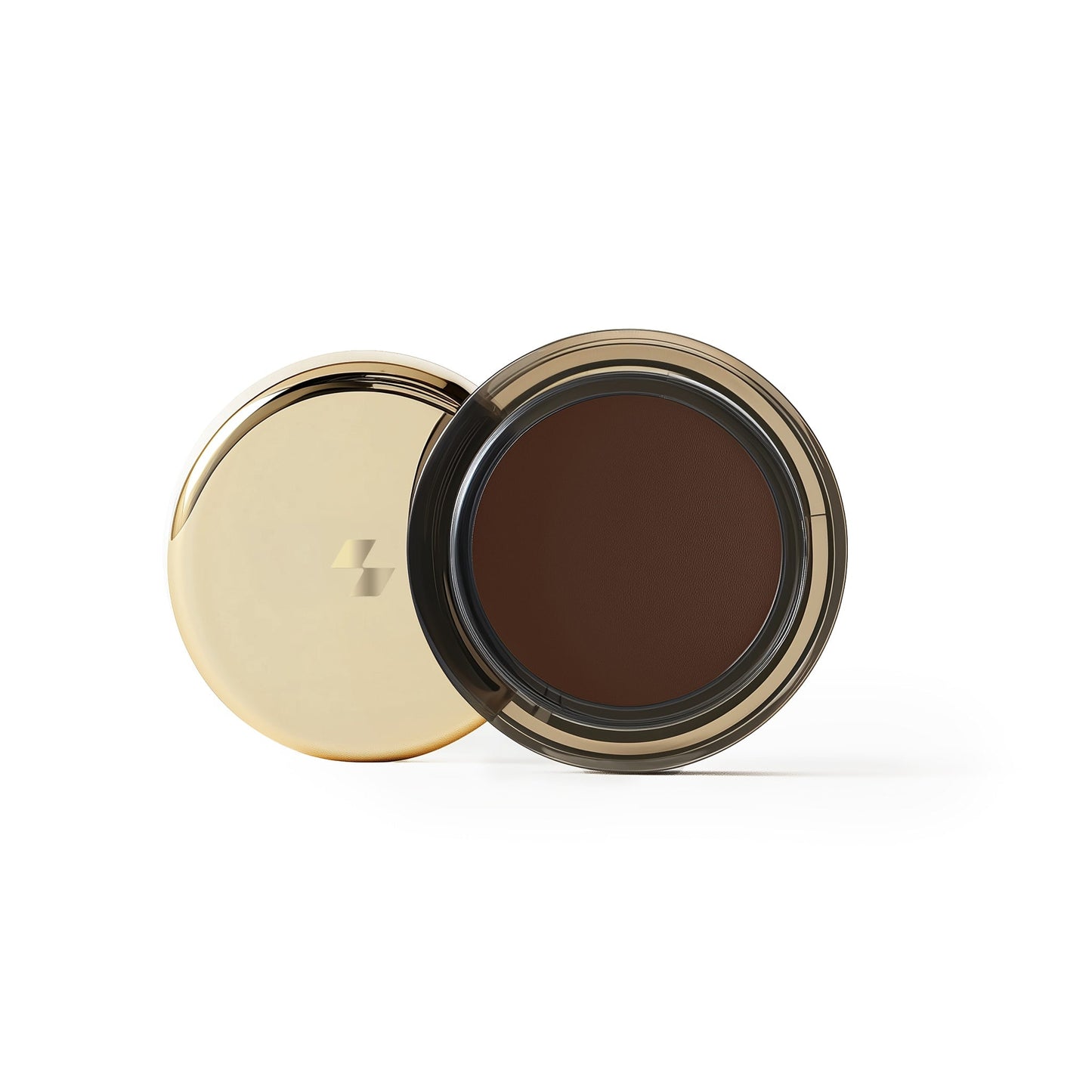Cosmetic compact with gold lid and brown powder on a white background (Brown)