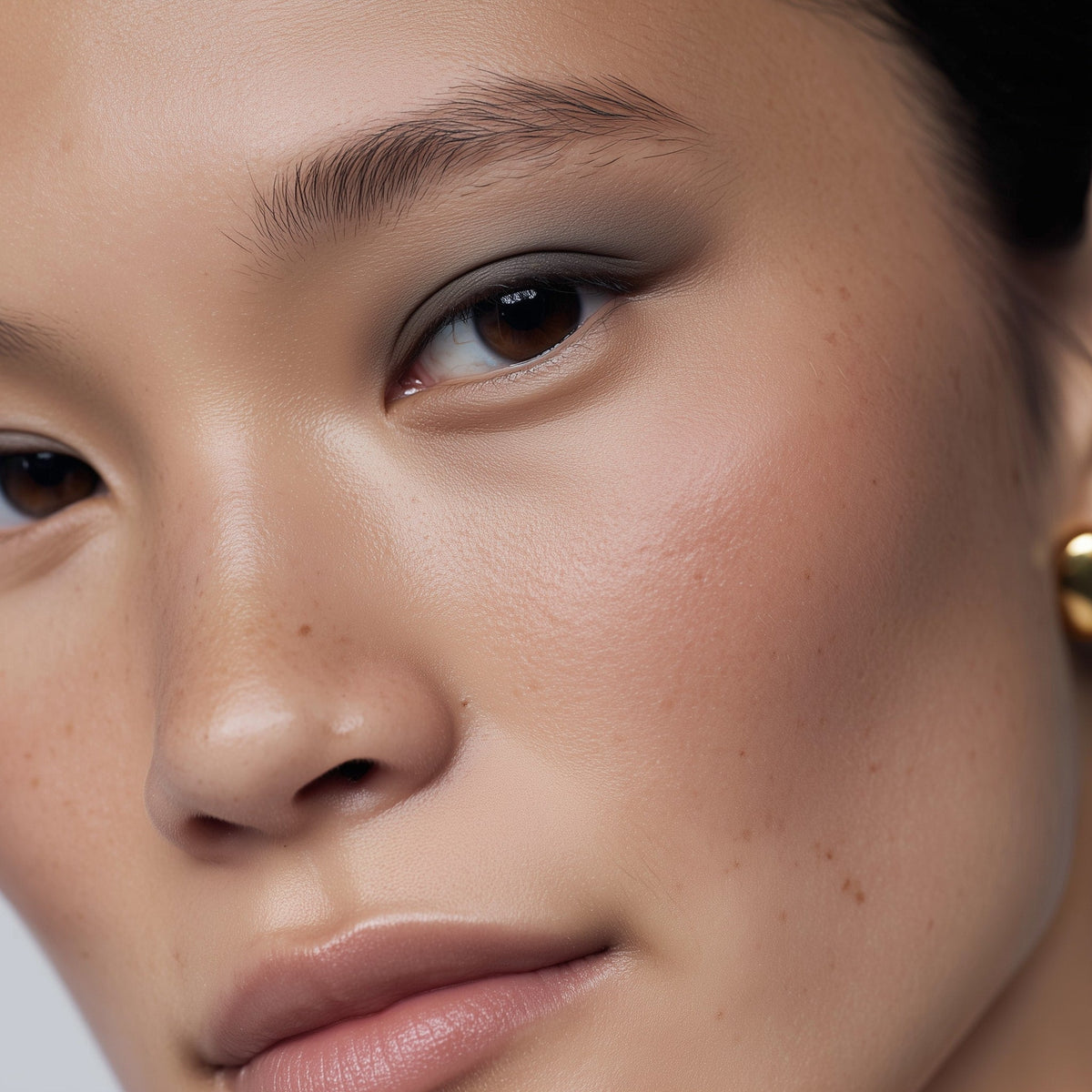 Close-up of a person's face with a gold earring (Violet)