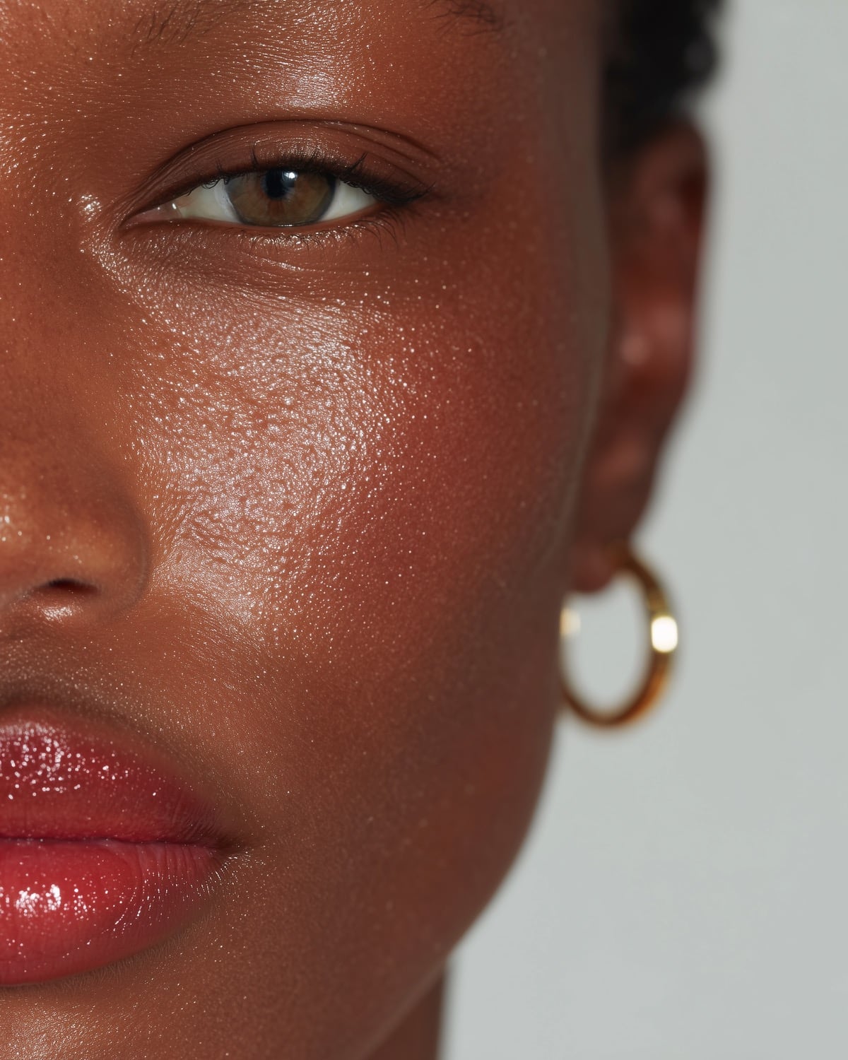 Close-up of a person's face with a gold hoop earring on a plain background