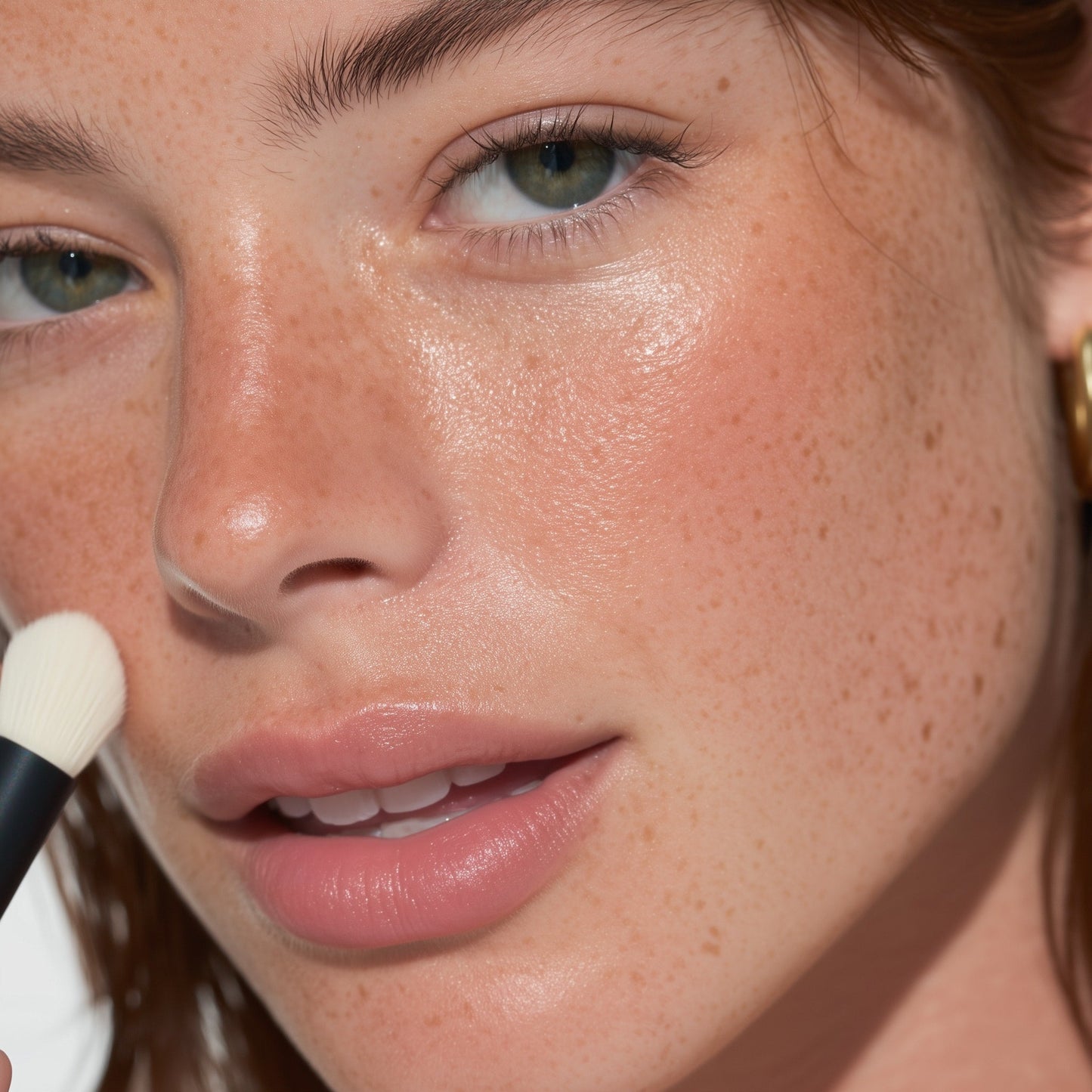Close-up of a person applying makeup with a brush to their face.
