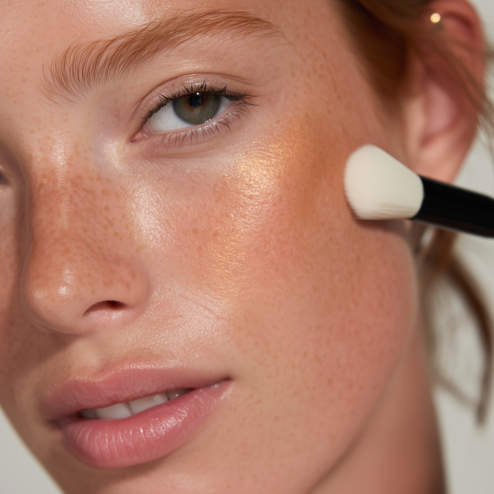 Close-up of a person applying makeup with a brush to their face.
