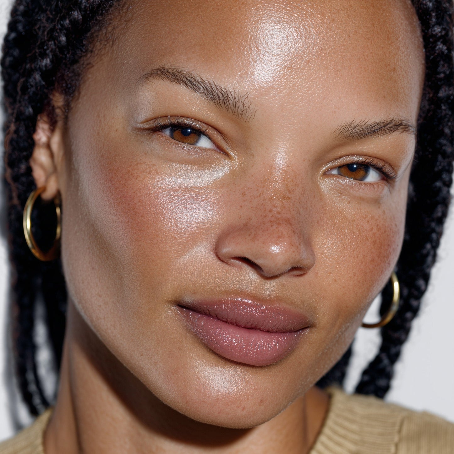 Close-up of a woman with braided hair wearing gold hoop earrings