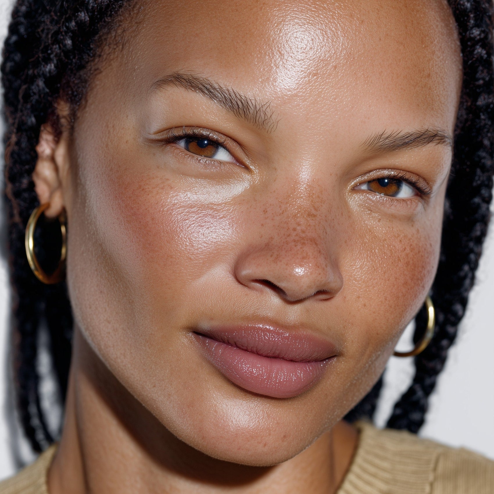 Close-up of a woman with braided hair wearing gold hoop earrings