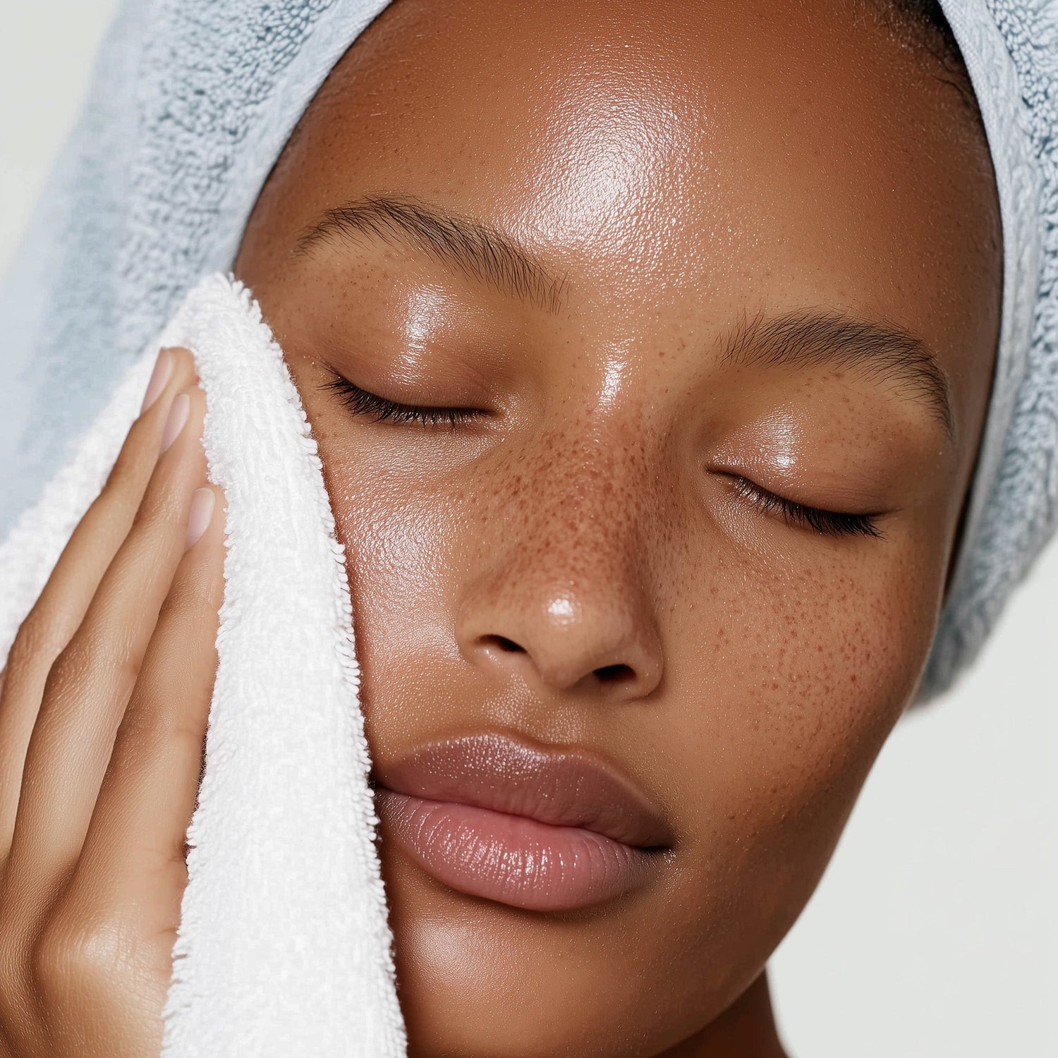 Woman cleaning her face with a towel, close-up of her face.