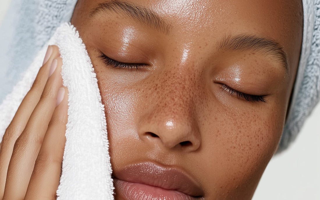 Close-up of a person cleaning their face with a towel